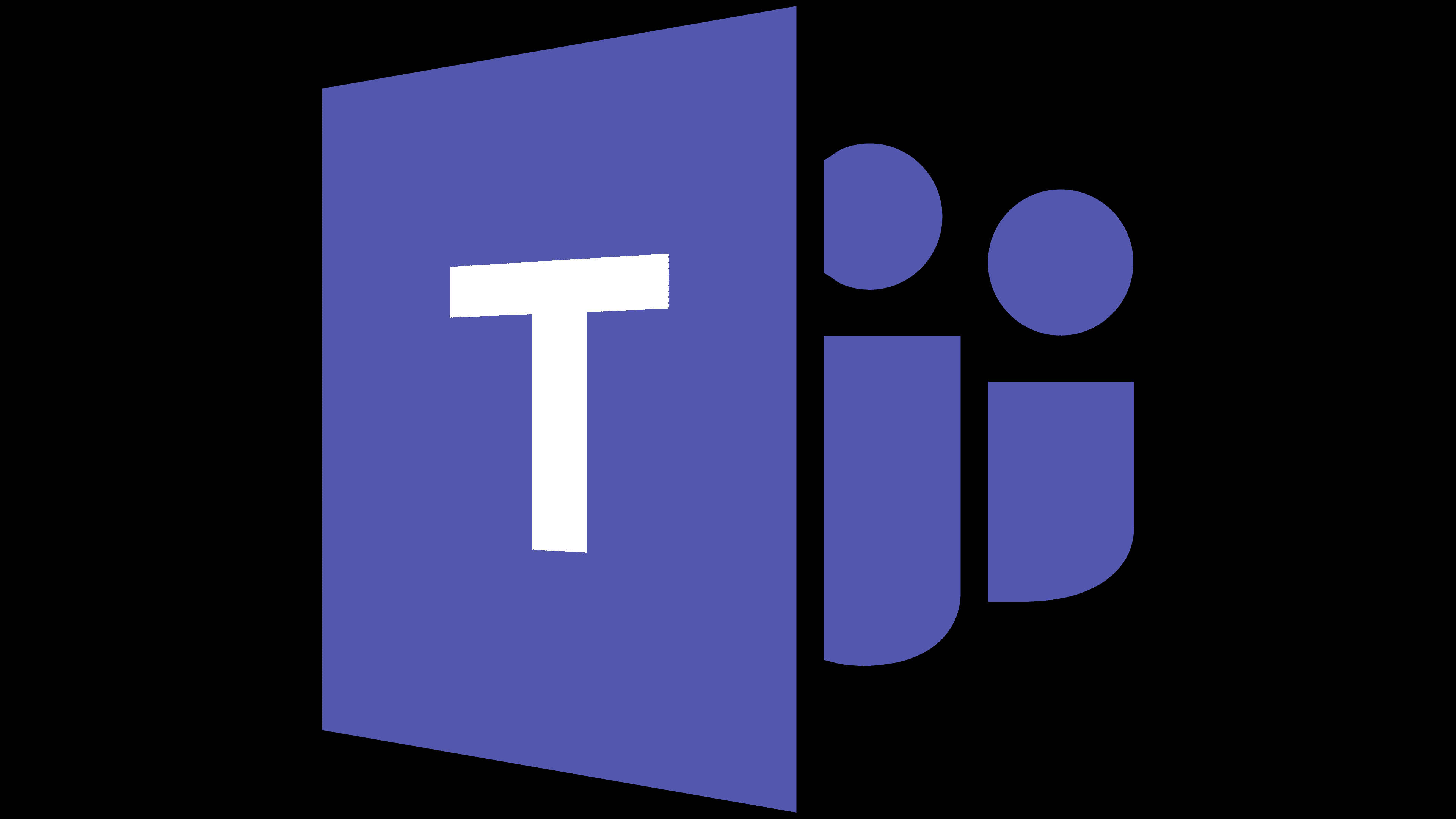 Microsoft Teams 桌布 壁紙 — 一個大膽的藍色Microsoft Teams標誌，帶有白色「T」和抽象圖示，背景為黑色。