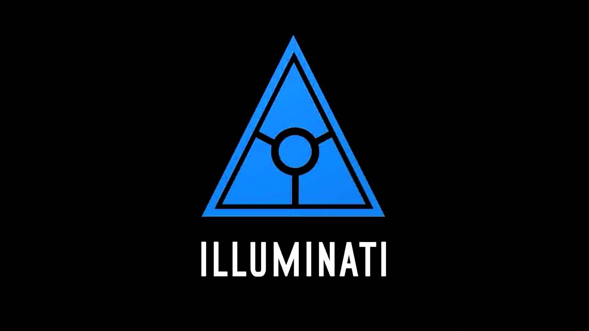 illuminati 桌布 壁紙 — 一個大膽的藍色三角形，中央有一個眼睛符號，黑色背景上寫有白色文字 illuminati。