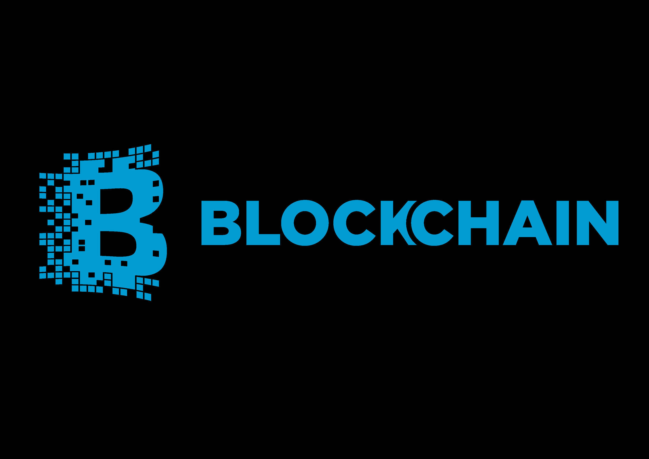 Blockchain 桌布 壁紙 — 一個大膽的藍色區塊鏈標誌，帶有像素化的「B」在黑色背景上。