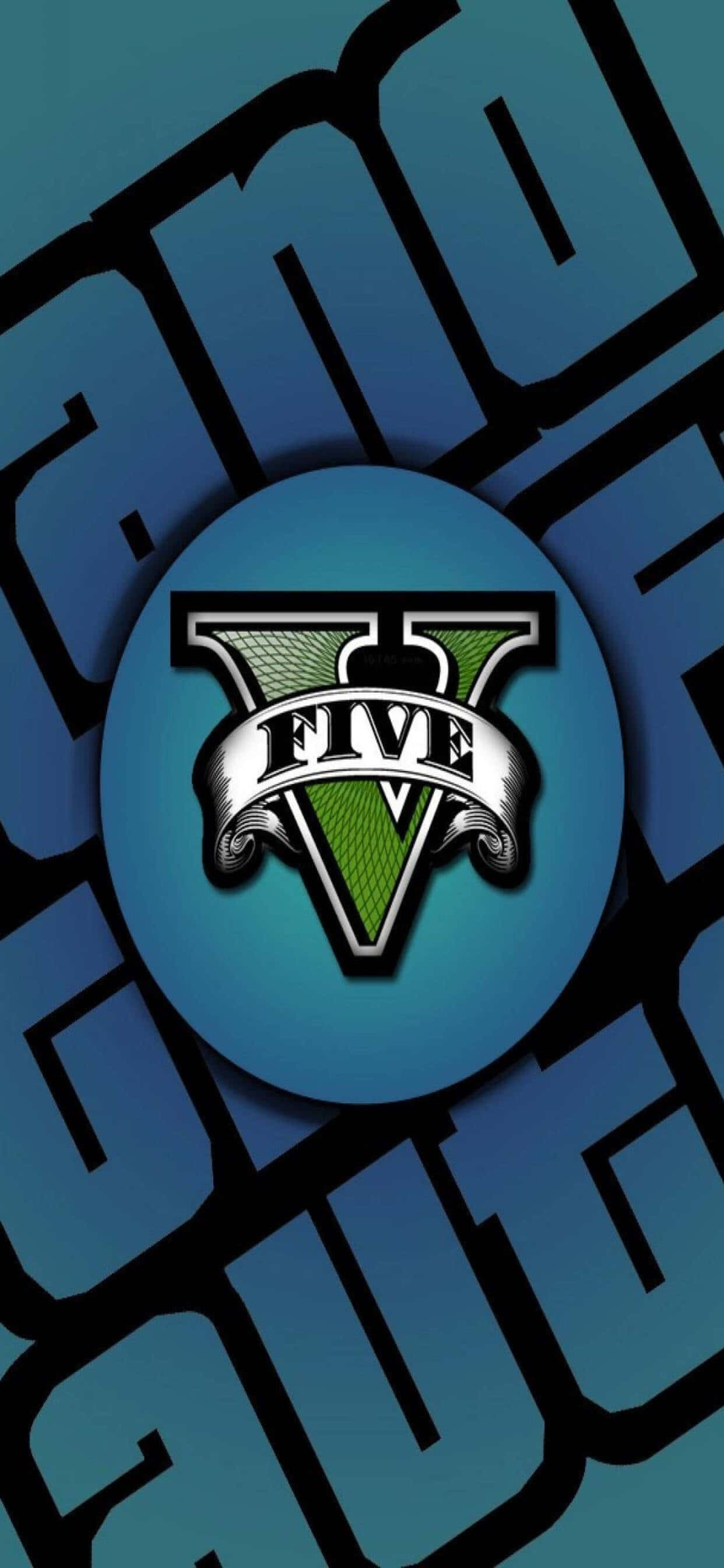 電玩遊戲 桌布 壁紙 — 一個大膽的藍色和綠色「V Five」標誌，居中放置在帶有大型黑色字母的風格化背景上。
