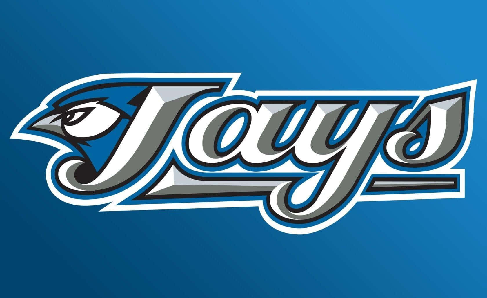 Blue Jays. 桌布 壁紙 — 一個大膽的藍色和銀色 'Jays' 標誌，將風格化的鷹頭融入字母中，背景為純藍色。