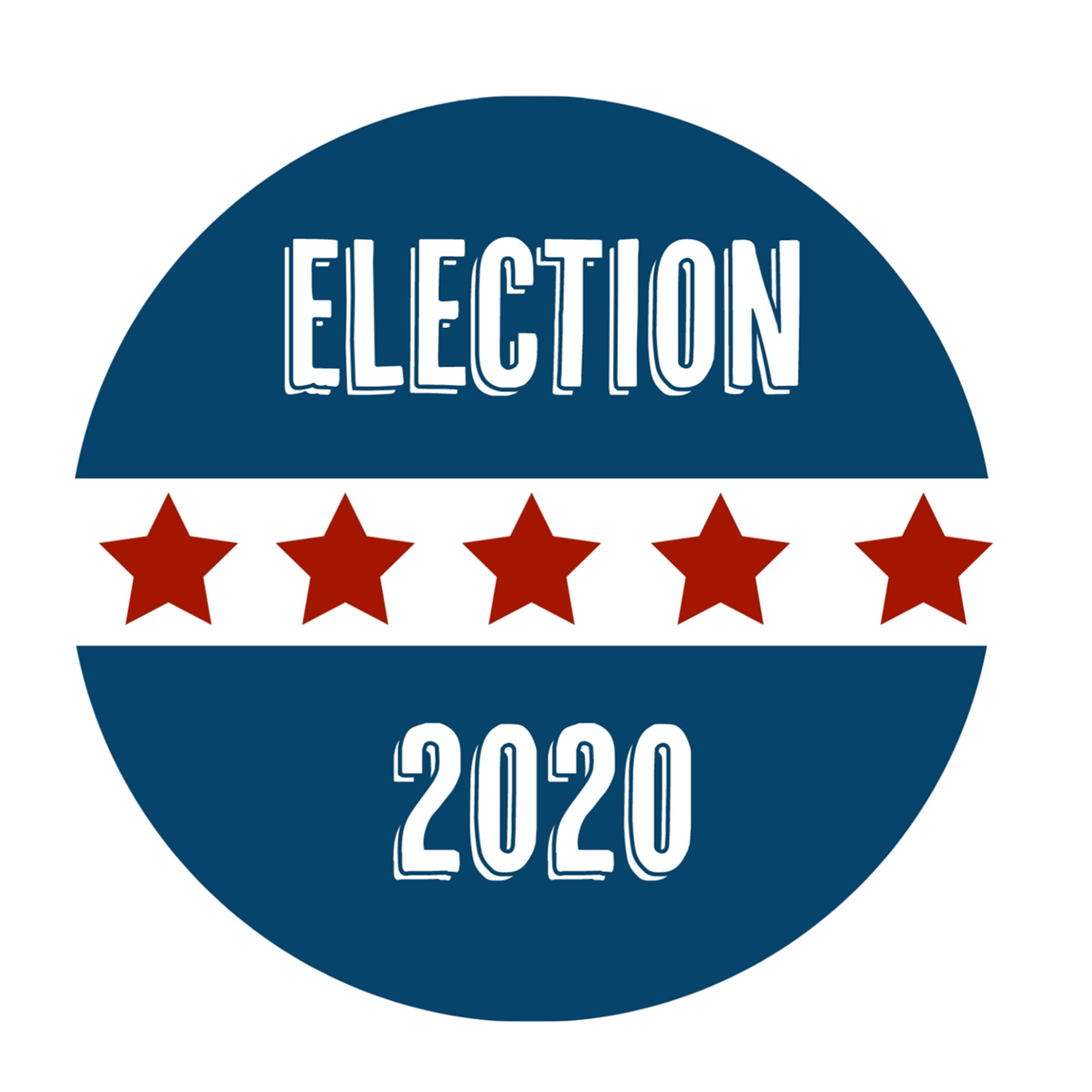 Election 桌布 壁紙 — 一個大膽的藍色圓形徽章，白色文字寫著 ELECTION 和 2020，由一條帶有五顆紅星的白色條紋分隔。