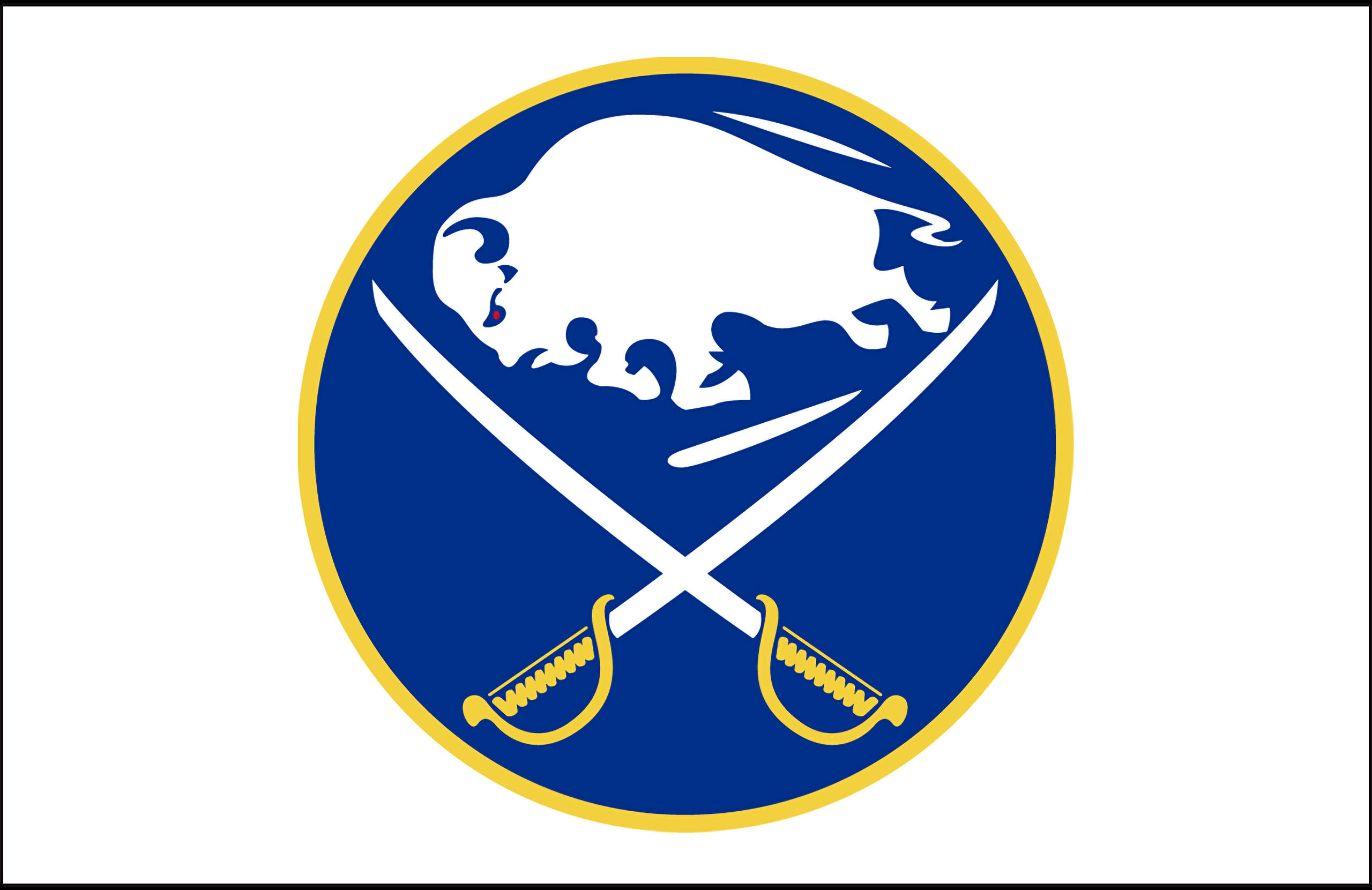 Sabres 桌布 壁紙 — 一個大膽的藍色圓形徽章，白色水牛剪影和金色交叉劍，背景為白色。