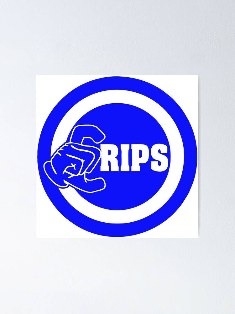 Crip 桌布 壁紙 — 一個大膽的藍色圓形標誌，帶有白色輪廓，展示一隻風格化的手抓住棒球棒，旁邊是區塊字母的單詞 RIPS。