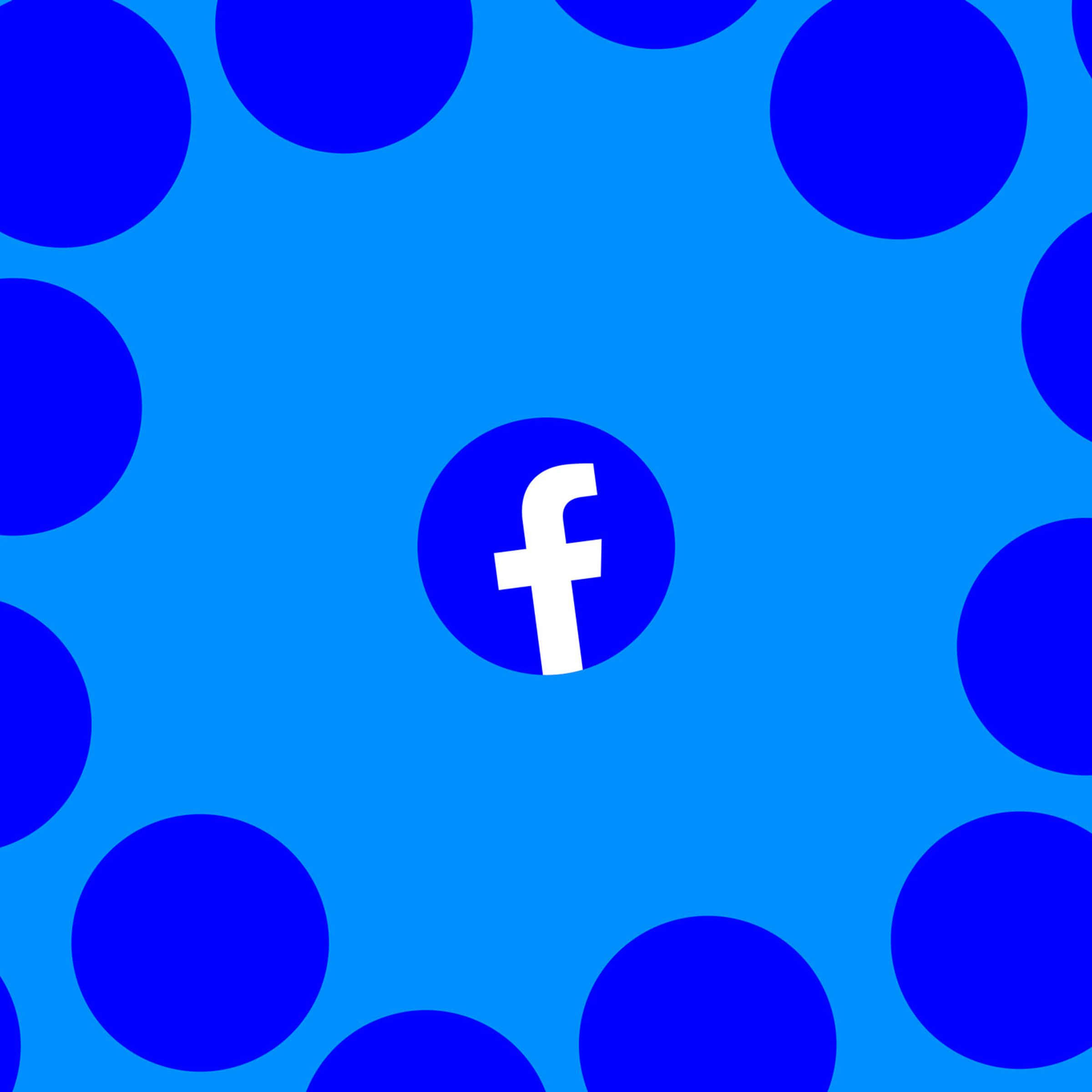 Facebook 桌布 壁紙 — 一個大膽的藍色圓點圖案圍繞著中央的白色Facebook標誌，背景為鮮豔的藍色。