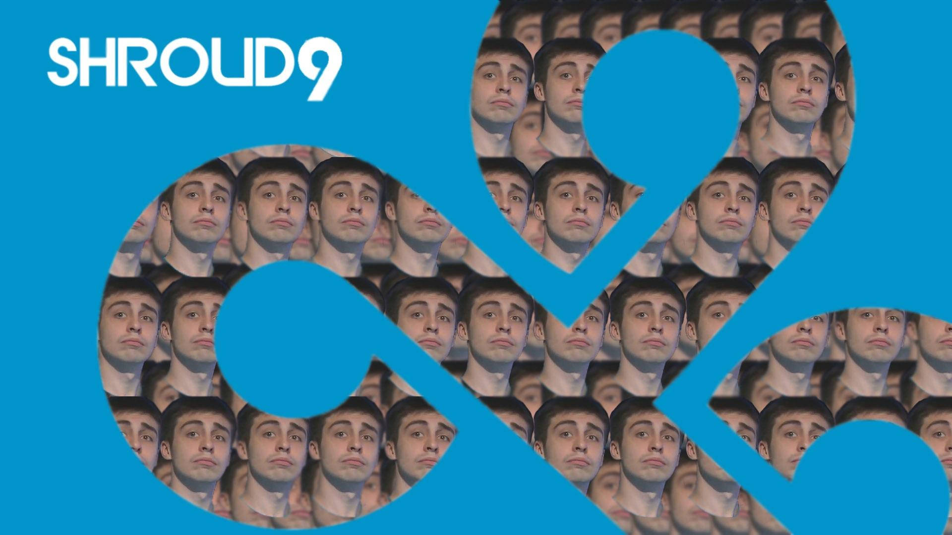 Shroud 桌布 壁紙 — 一個大膽的藍色圖形，在純藍色背景上，抽象圓形鏤空內重複出現男性面孔圖案。