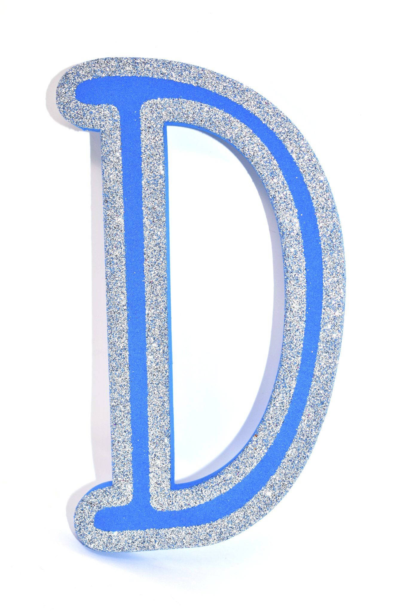 Letter D 桌布 壁紙 — 一個大膽的藍色字母D，帶有銀色亮片邊緣，孤立在乾淨的白色背景上。