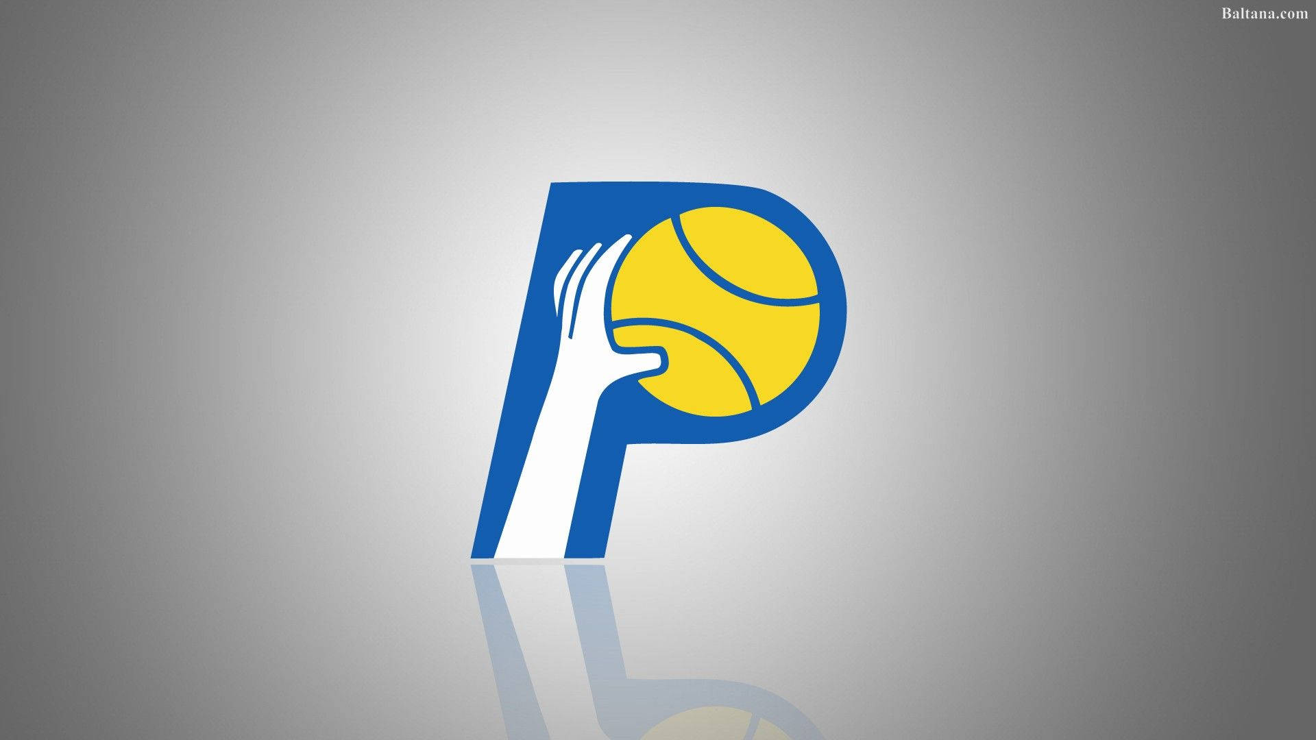 Pacers 桌布 壁紙 — 一個大膽的藍色字母P拿著一個帶有白色線條的黃色籃球，背景是帶有微妙反射的漸變灰色。