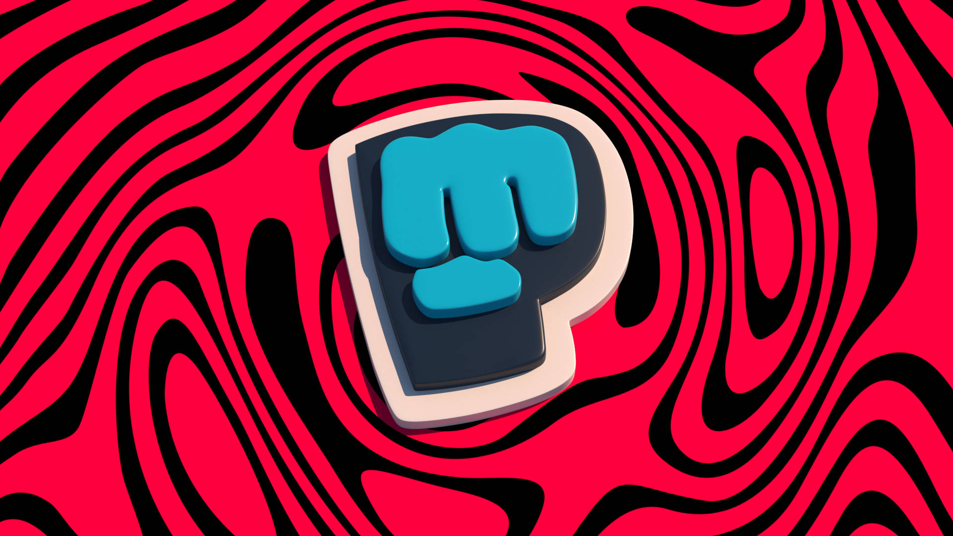 PewDiePie 桌布 壁紙 — 一個大膽的藍色拳頭圖示漂浮在旋轉的紅色和黑色迷幻波浪中，以充滿活力的數位藝術風格呈現。