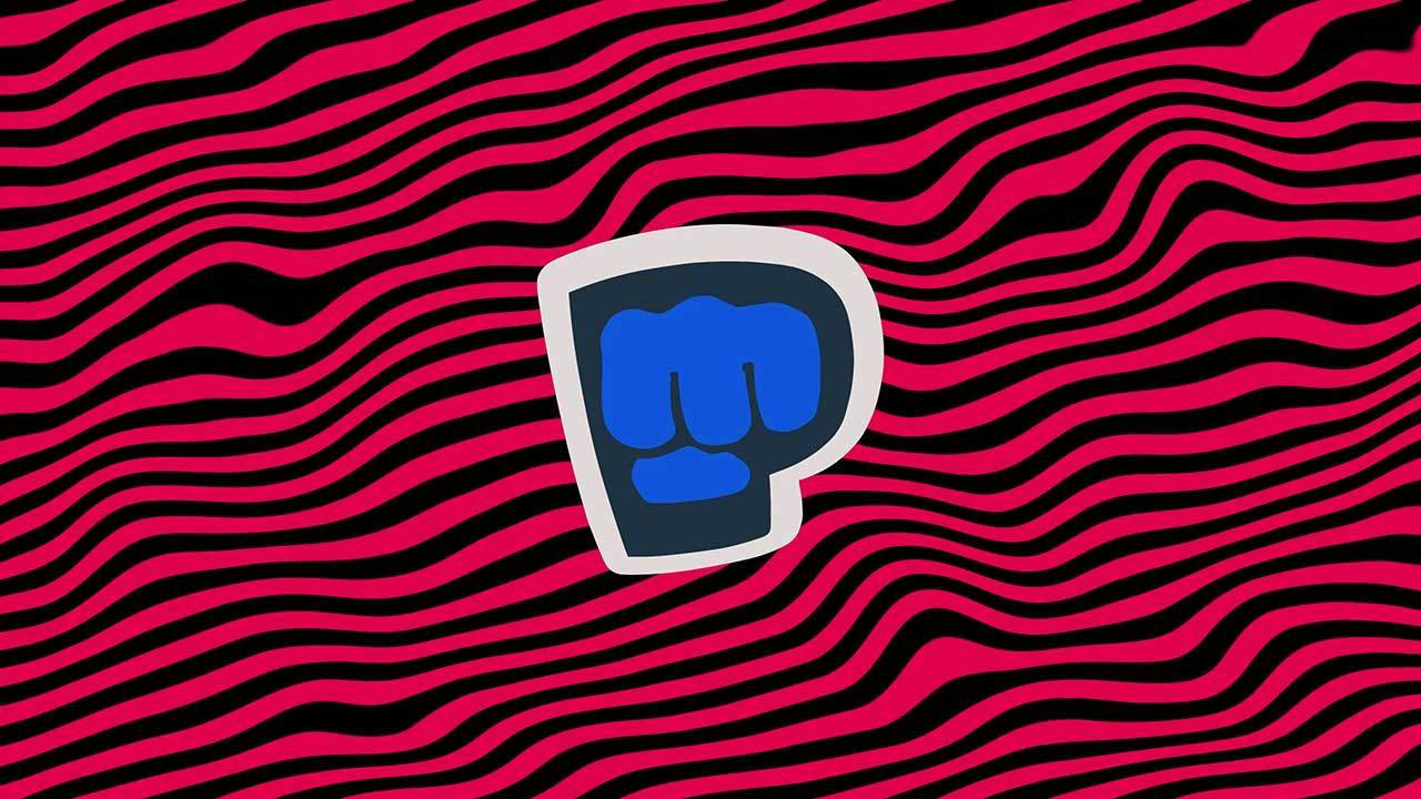 PewDiePie 桌布 壁紙 — 一個大膽的藍色拳頭標誌，居中在充滿活力的粉紅和黑色波浪條紋背景上。