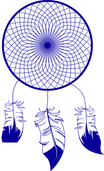 dreamcatcher 桌布 壁紙 — 一個大膽的藍色捕夢網，帶有複雜的網狀設計和三根懸垂的羽毛，襯托在純黑背景上。
