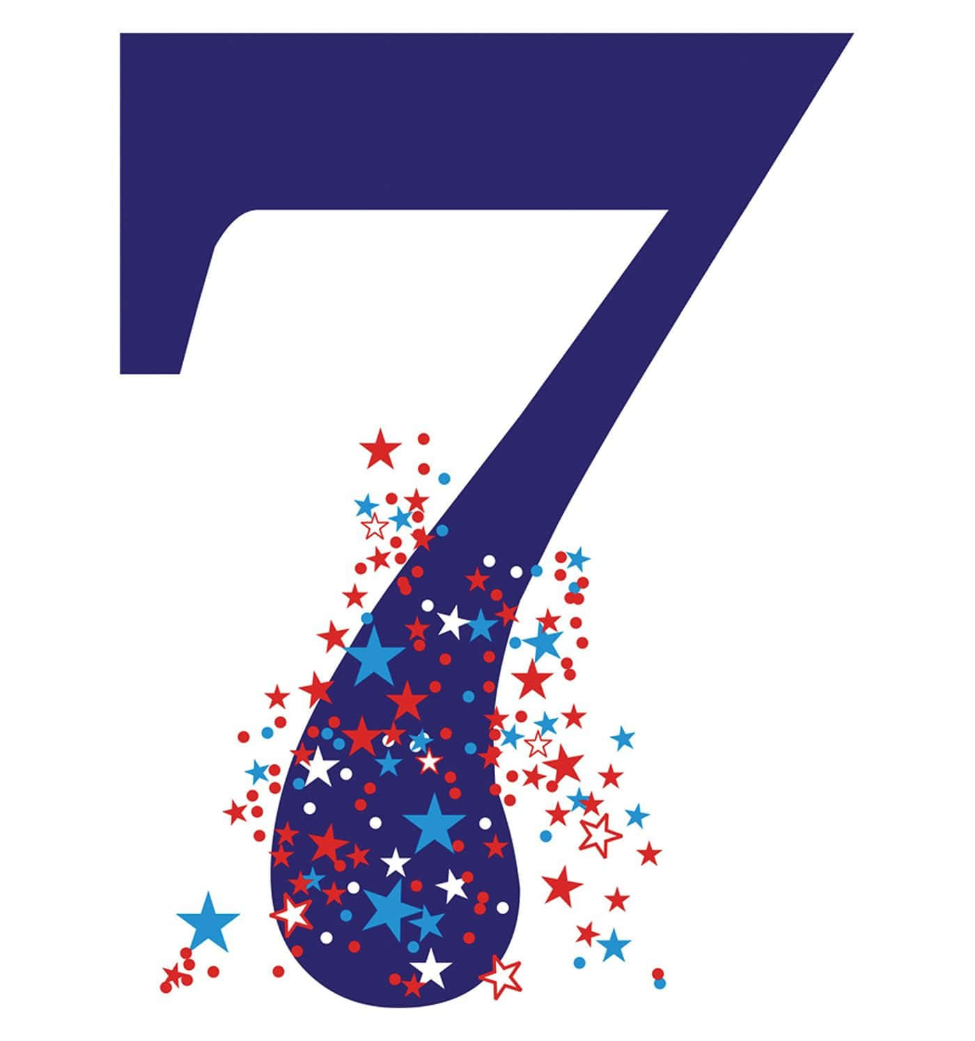 Number 7 桌布 壁紙 — 一個大膽的藍色數字七，其下部曲線爆發出紅、白、藍色的星星，背景為白色。