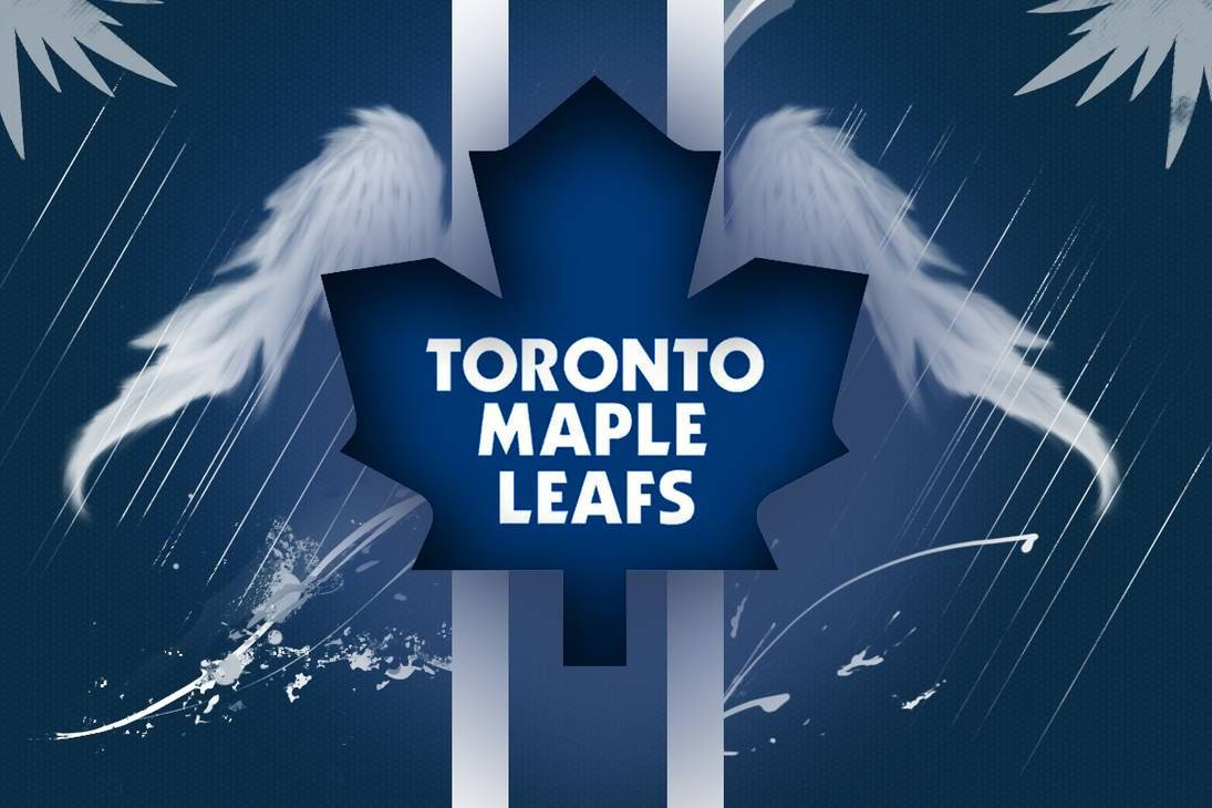 Leafs 桌布 壁紙 — 一個大膽的藍色楓葉標誌，帶有白色翅膀和白色油漆條紋，背景為深藍色。