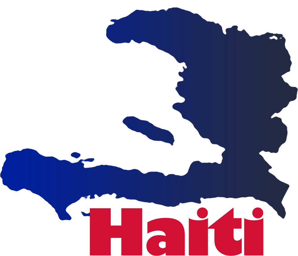 Map 桌布 壁紙 — 一個大膽的藍色漸變海地地圖，帶有紅色文字標籤，背景為黑色。