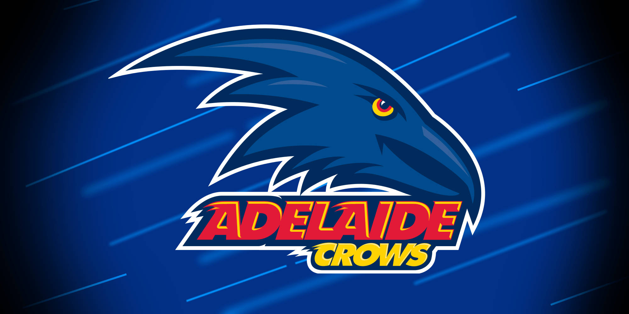 Adelaide 桌布 壁紙 — 一個大膽的藍色烏鴉頭標誌，帶有紅、黃、白色的文字，寫著 Adelaide Crows，背景是帶有條紋的動態藍色背景。