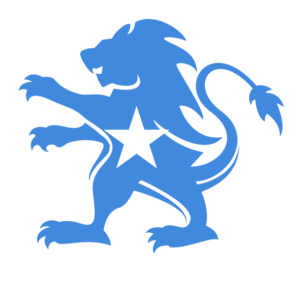Somalia 桌布 壁紙 — 一個大膽的藍色獅子剪影，胸前有一顆白色星星，在純黑背景上昂首挺立。