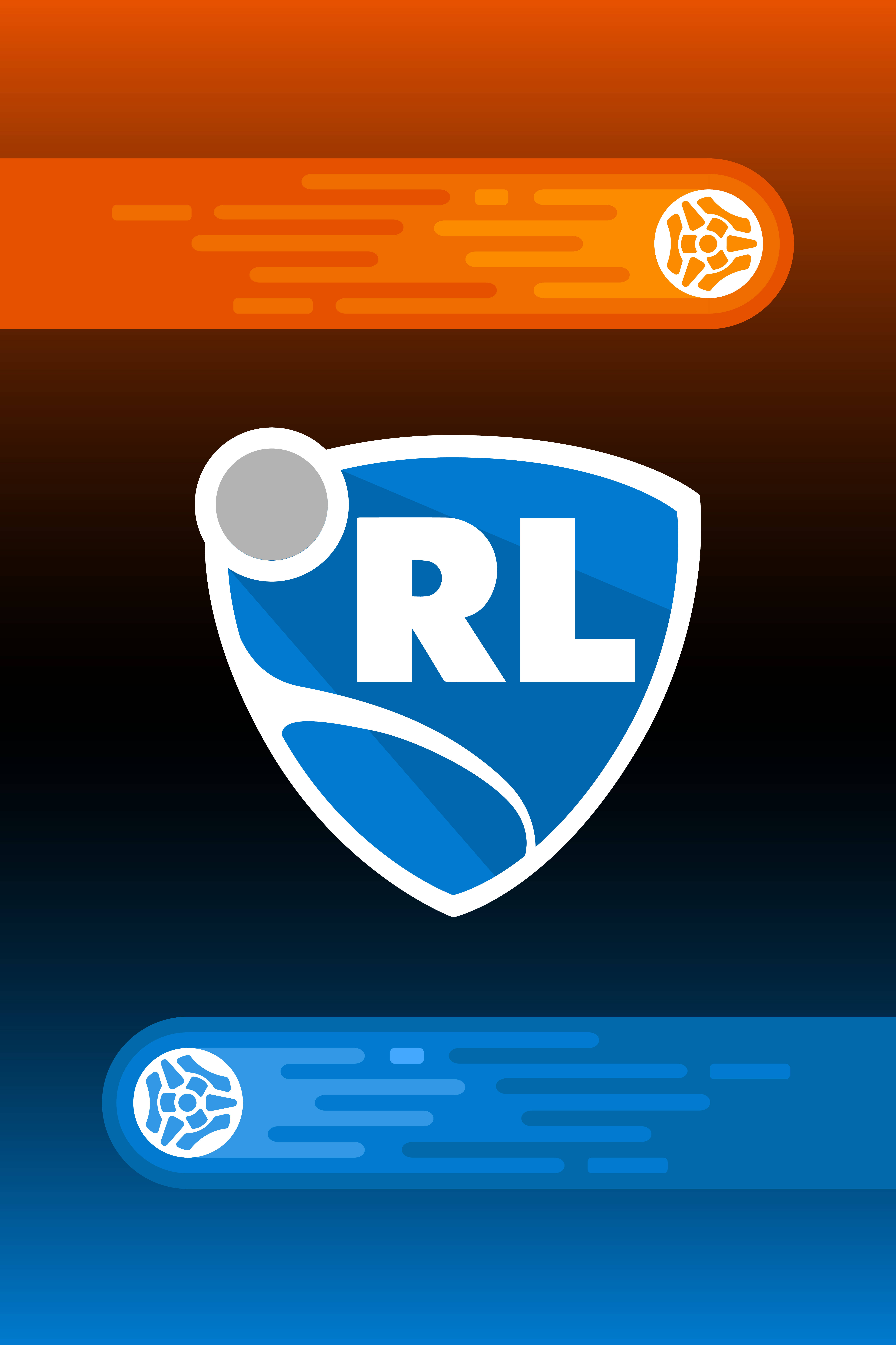 Rocket League Phone 桌布 壁紙 — 一個大膽的藍色盾牌標誌，帶有白色「RL」字母和灰色球體，由橙色和藍色運動條框住，並附有足球圖標。