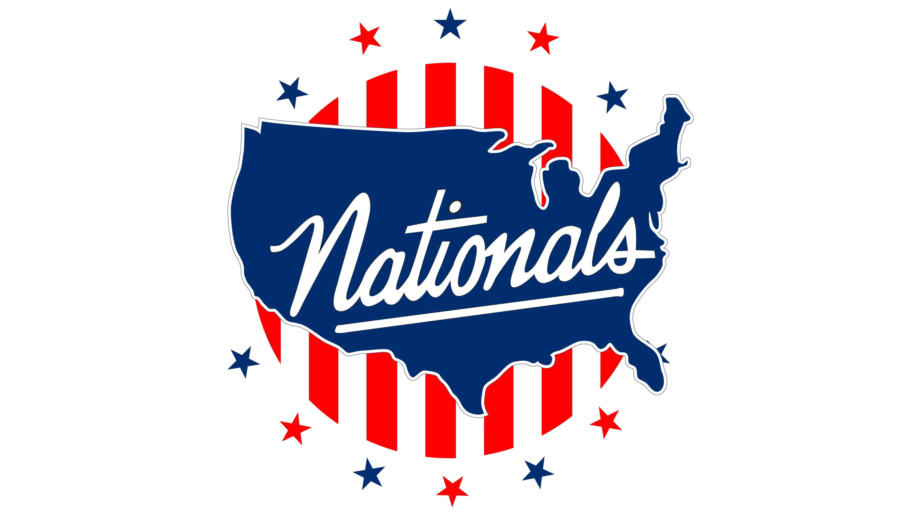 76ers 桌布 壁紙 — 一個大膽的藍色美國地圖輪廓，帶有白色草書 Nationals 文字和紅色條紋，周圍環繞著紅色和藍色星星。