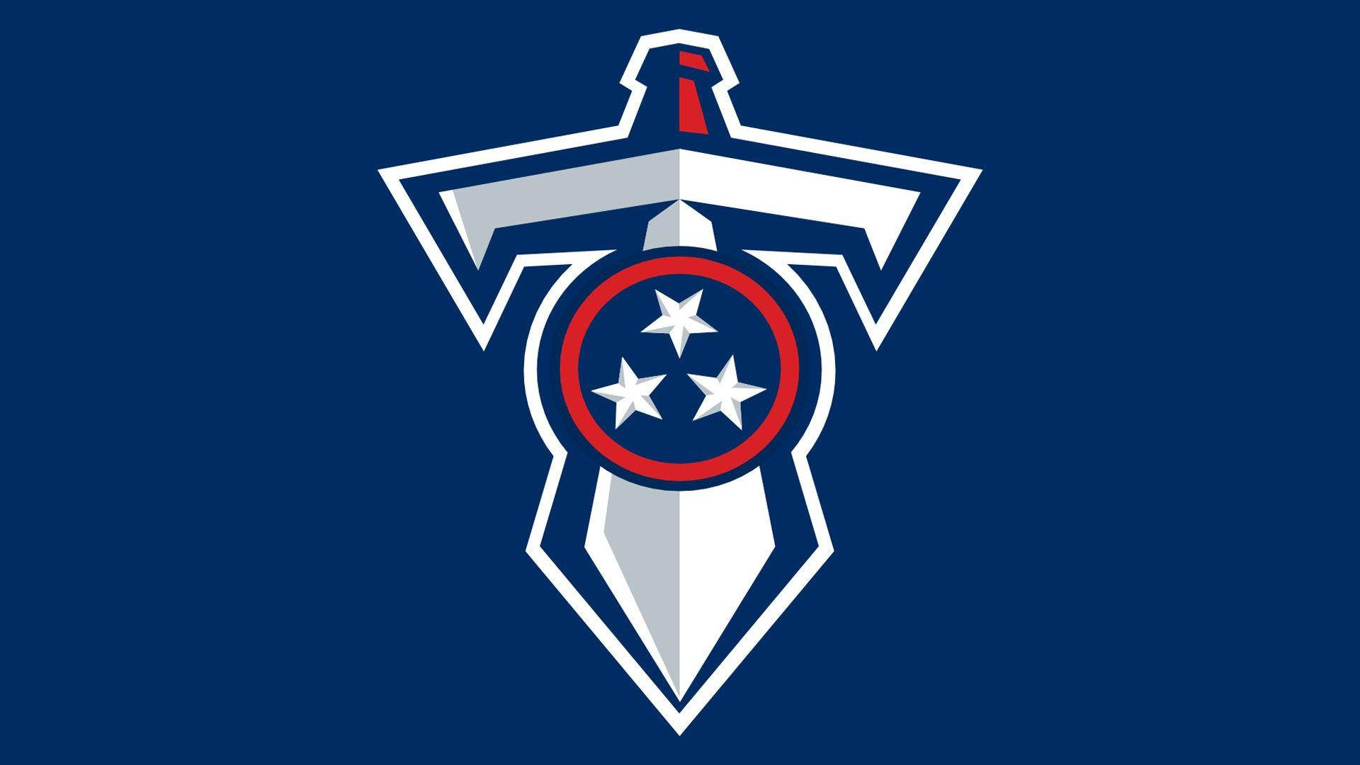 Tennessee Titans 桌布 壁紙 — 一個大膽的藍色背景上有一個白色劍形標誌，以及一個帶有紅色邊框的圓圈，內含三顆白色星星。