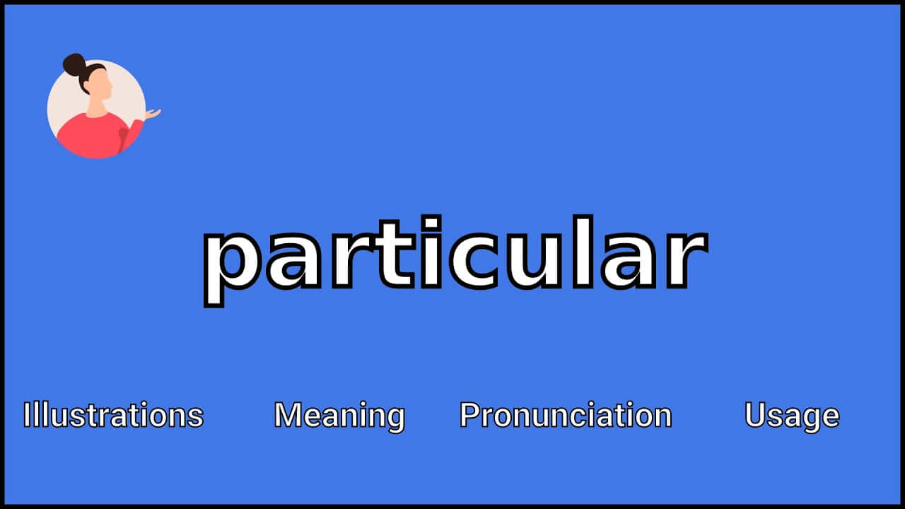 particular 桌布 壁紙 — 一個大膽的藍色背景顯示單詞 'particular'，以帶有黑色輪廓的大型白色文字呈現，並附有導航標籤和角落的風格化用戶圖標。