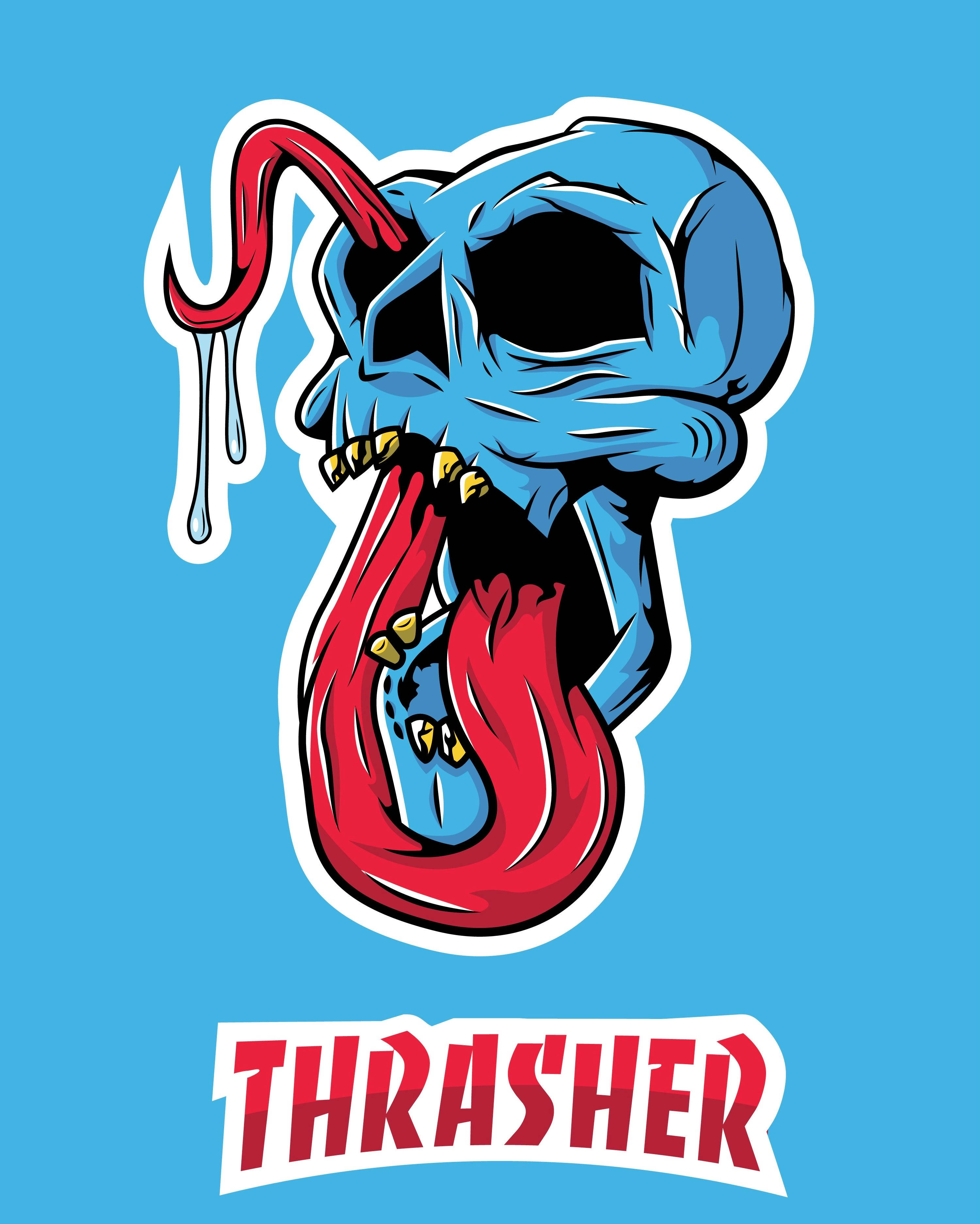 Thrasher 桌布 壁紙 — 一個大膽的藍色骷髏，帶有紅色舌頭和滴水的鉤子，在純藍色背景上帶有「THRASHER」文字。