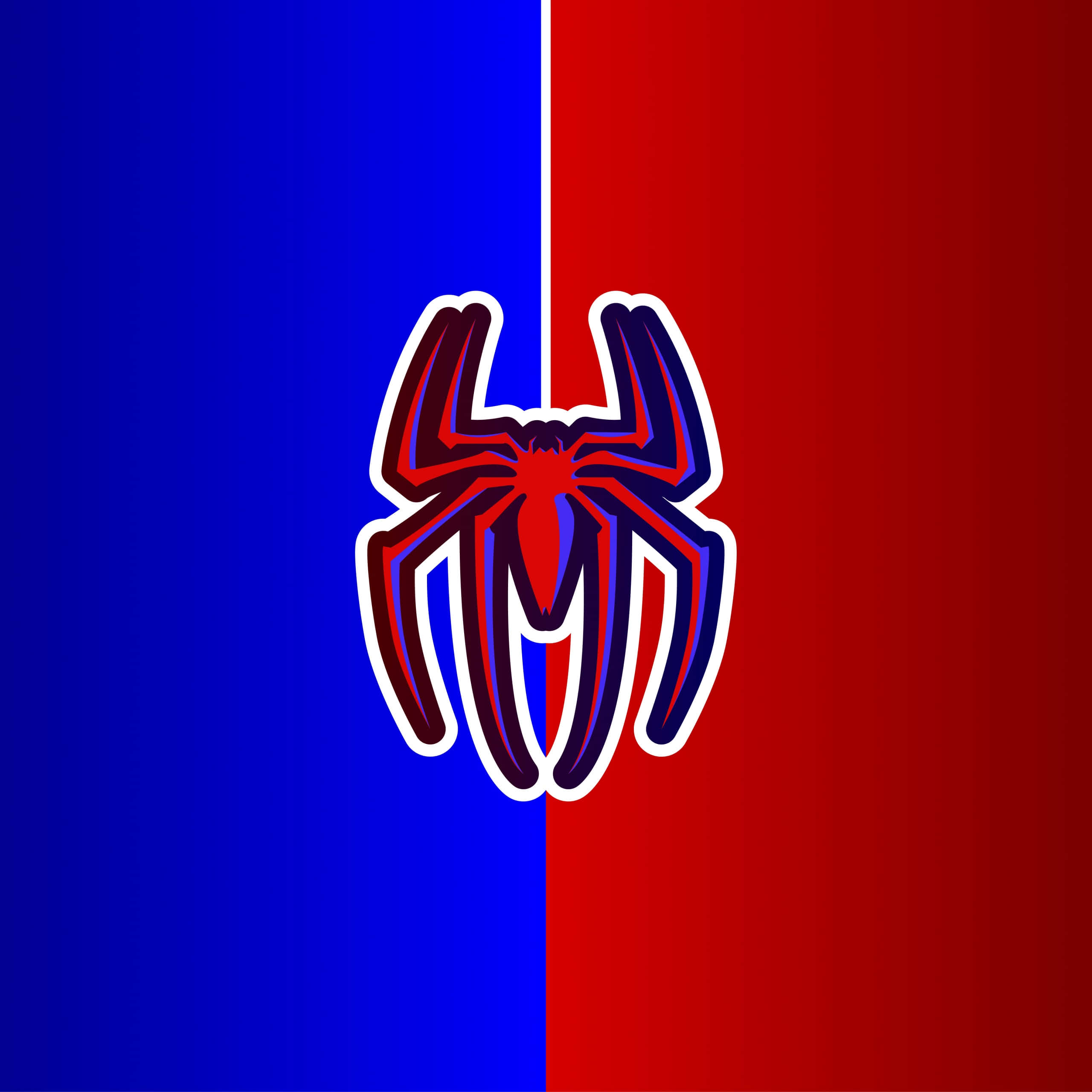 Spider Man Logo 桌布 壁紙 — 一個大膽的蜘蛛標誌，被垂直的白色線條分割，背景為藍色和紅色漸變。