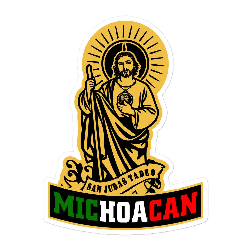 religion 桌布 壁紙 — 一個大膽的貼紙描繪了金色耶穌基督帶光環，手持杖和心臟，上方橫幅寫有「SAN JUDAS TADEO」和「MICHOACAN」，顏色為綠、白、紅。