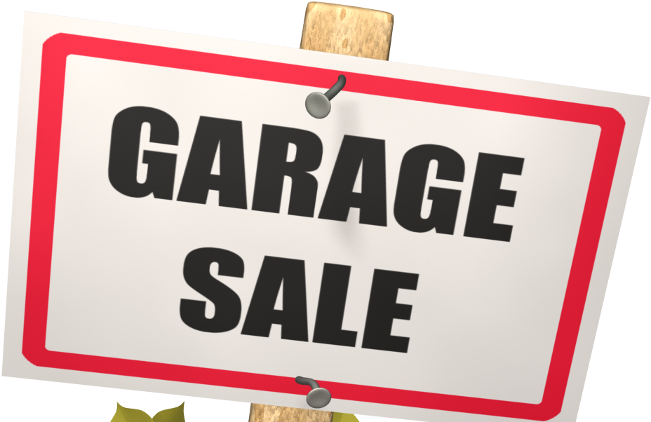 Sale Banner 桌布 壁紙 — 一個大膽的車庫拍賣標誌，帶有紅色邊框和黑色文字，固定在黑色背景前的木棍上。
