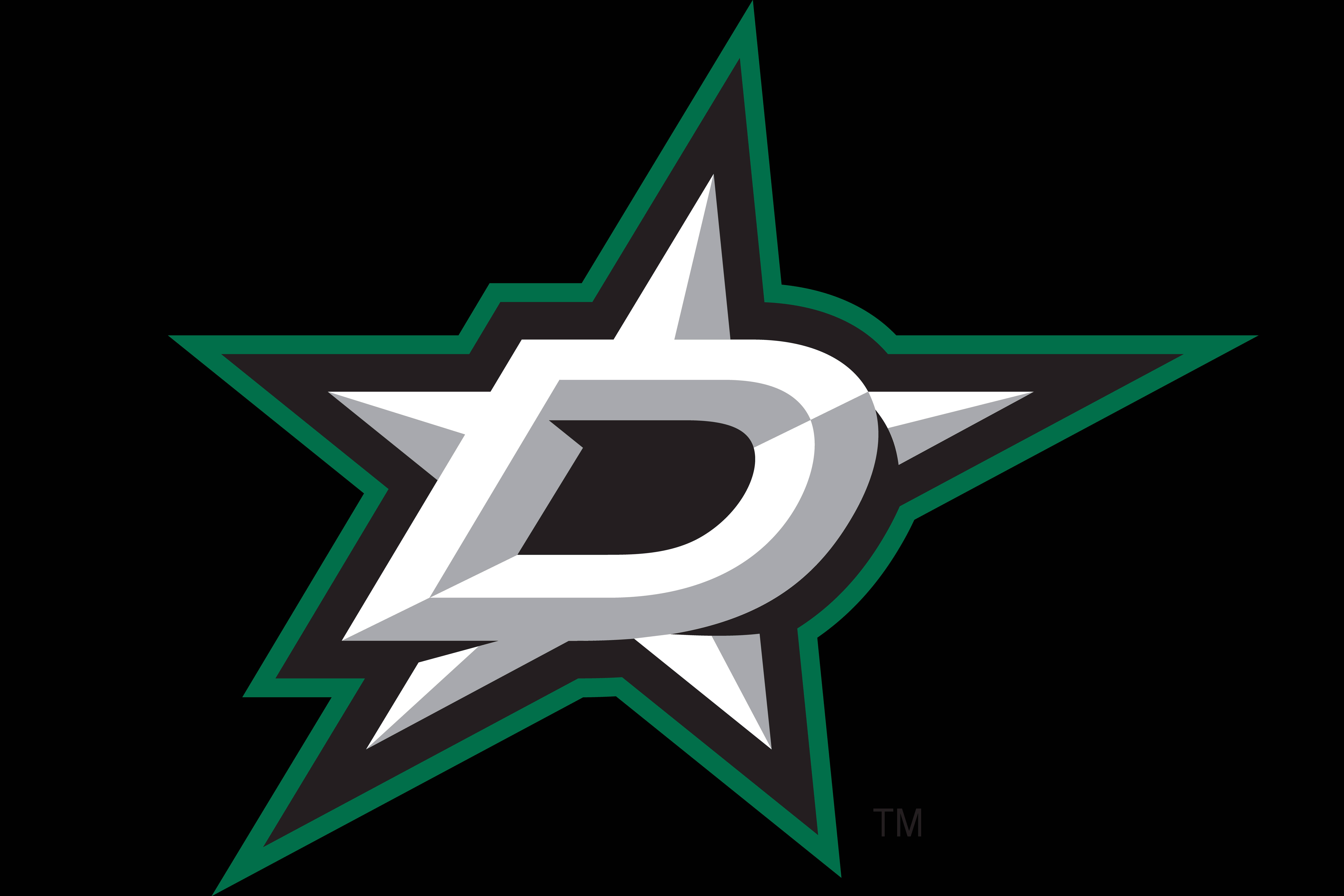 Dallas Stars 桌布 壁紙 — 一個大膽的達拉斯星隊標誌，以銀色和綠色的星星以及風格化的D字在黑色背景上呈現。