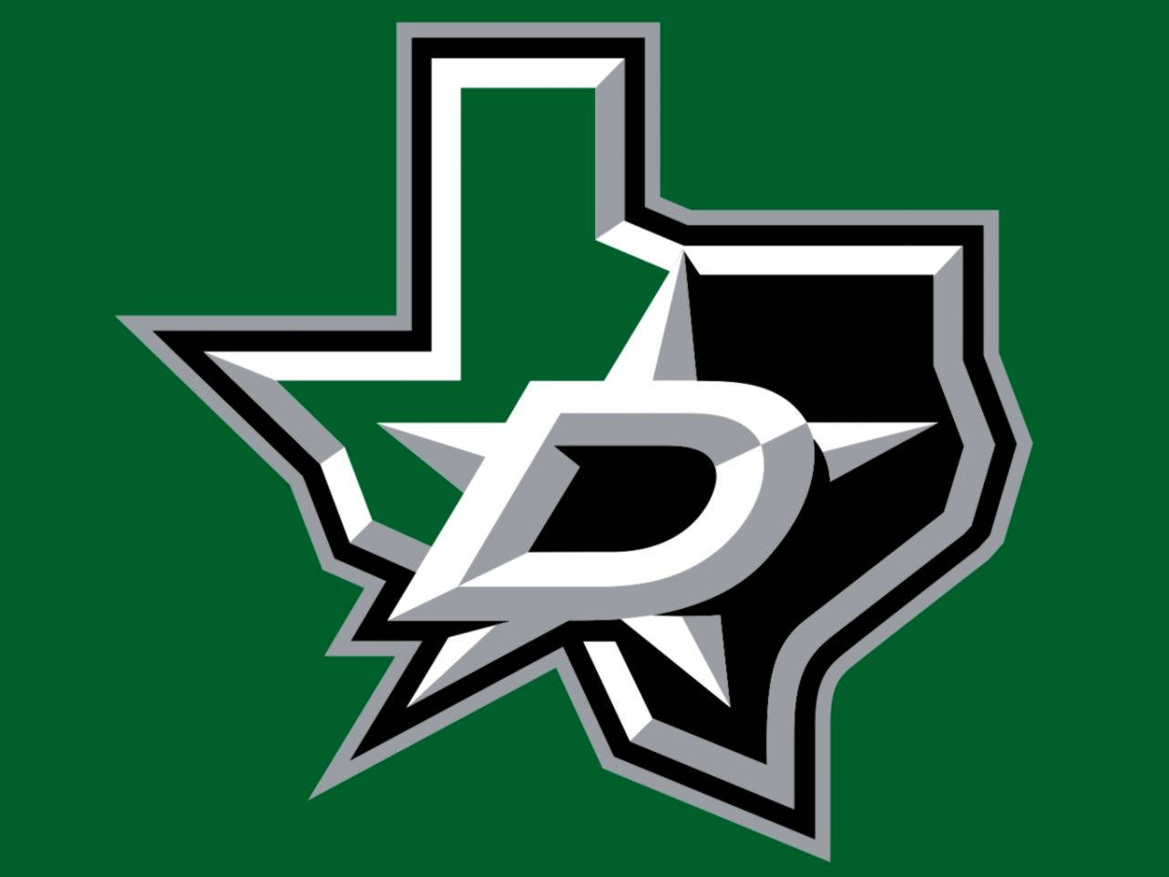 Dallas Stars 桌布 壁紙 — 一個大膽的達拉斯星隊標誌，在純綠色背景上以黑色、白色和灰色呈現風格化的星星和字母D。