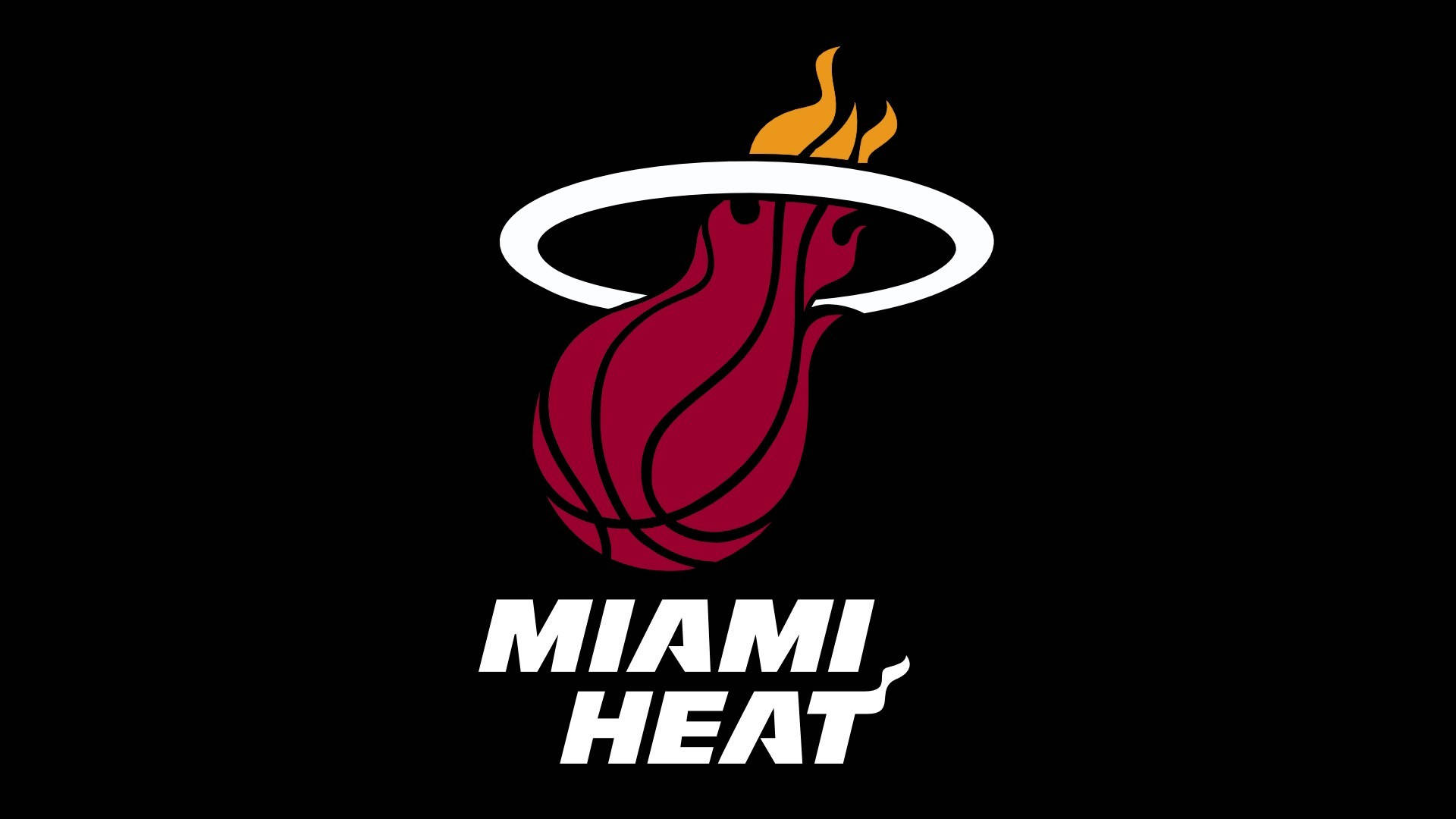 Miami 桌布 壁紙 — 一個大膽的邁阿密熱火隊標誌，在純黑色背景上，有一個被火焰包圍的紅色籃球。
