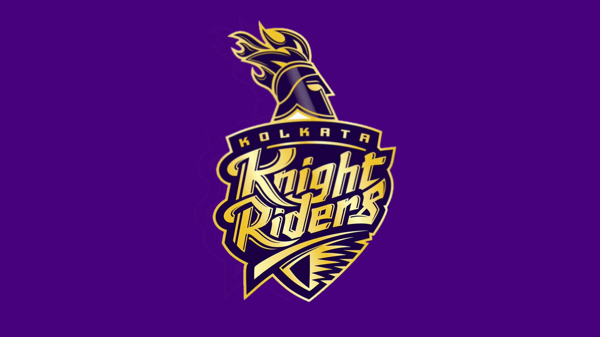Riders 桌布 壁紙 — 一個大膽的金色Kolkata Knight Riders標誌，帶有火焰頭盔，置於純紫色背景上。