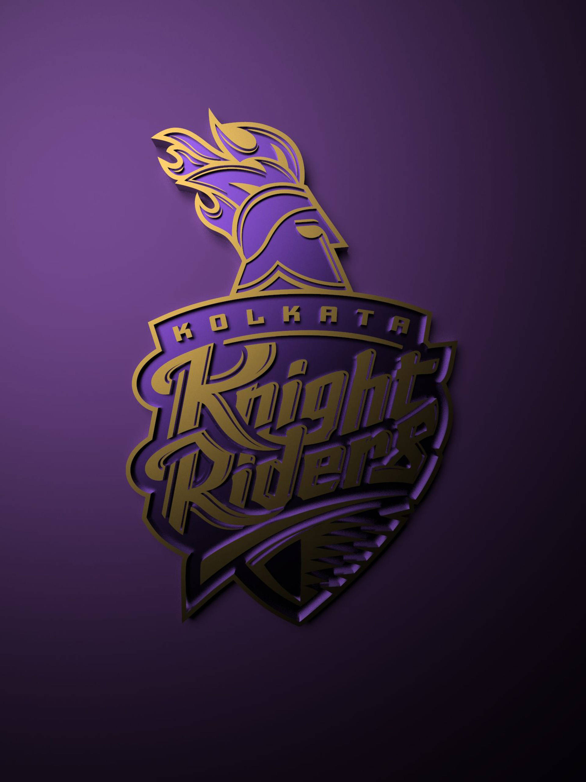 Riders 桌布 壁紙 — 一個大膽的金色Kolkata Knight Riders標誌，帶有騎士頭盔，在深紫色漸變背景上發光。