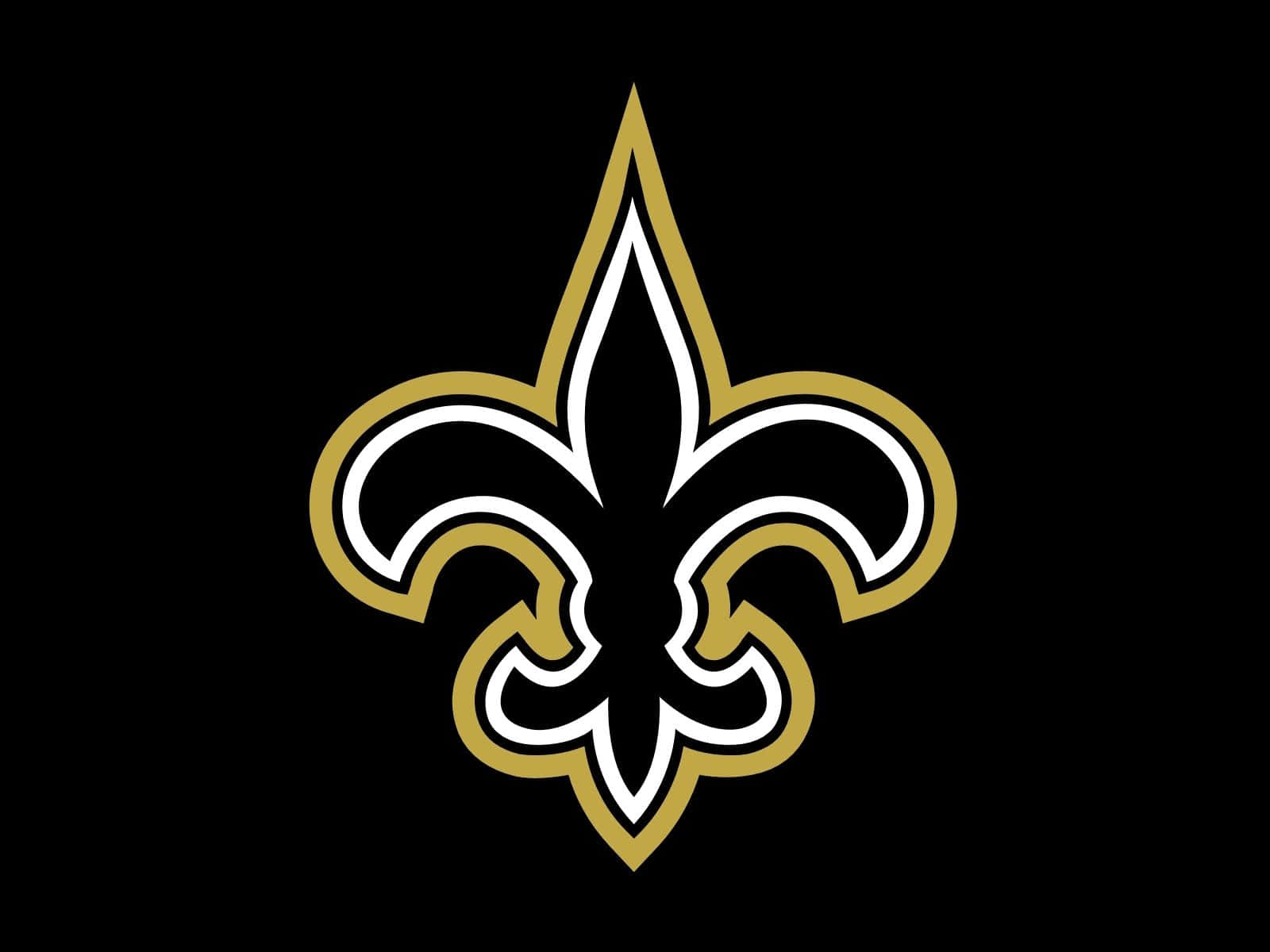 NFL Saints 桌布 壁紙 — 一個大膽的金色和白色鳶尾花標誌，居中在純黑色背景上。