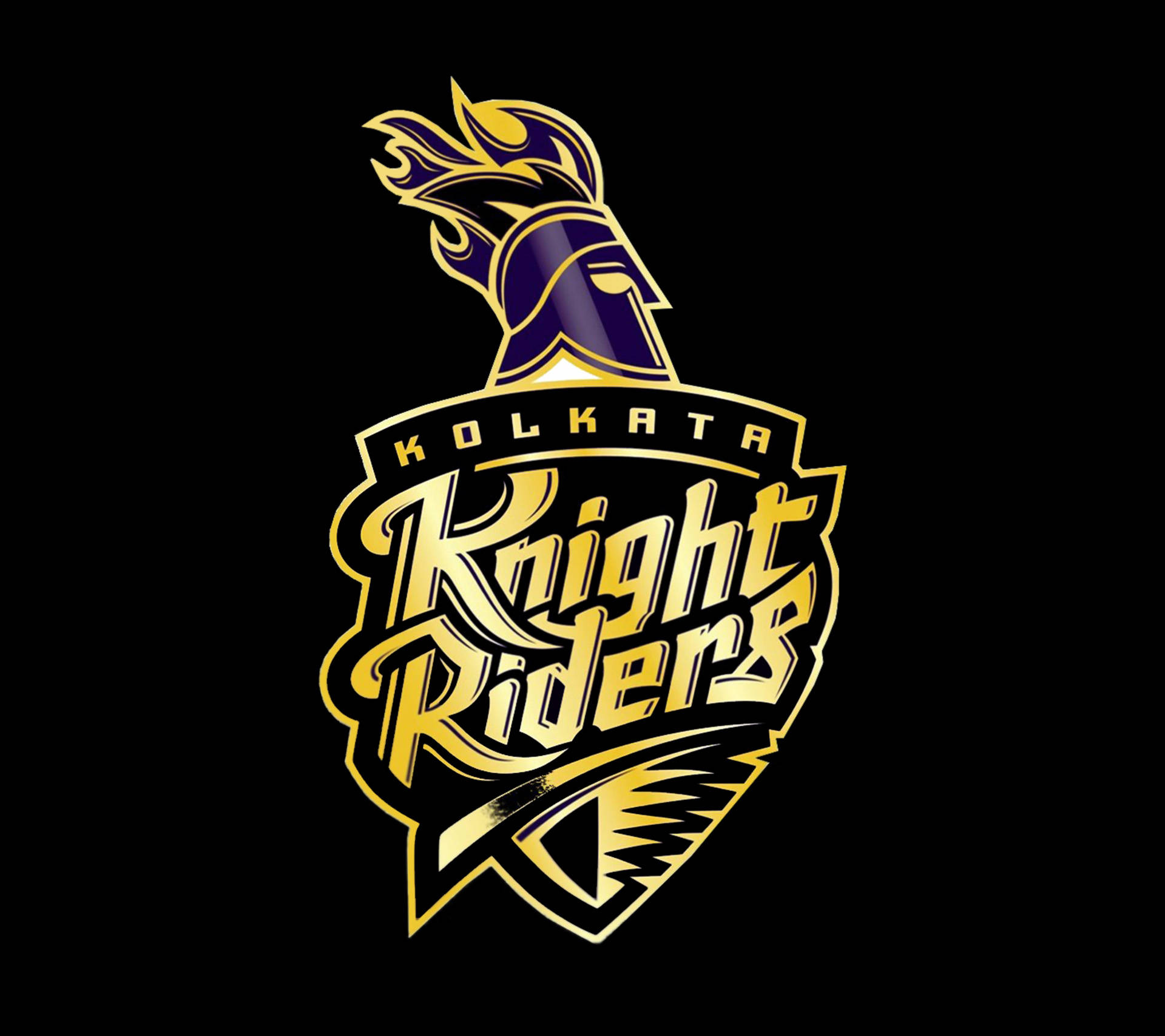 Riders 桌布 壁紙 — 一個大膽的金色和紫色加爾各答騎士隊標誌，以騎士頭盔和火焰裝飾為特色，背景為黑色。