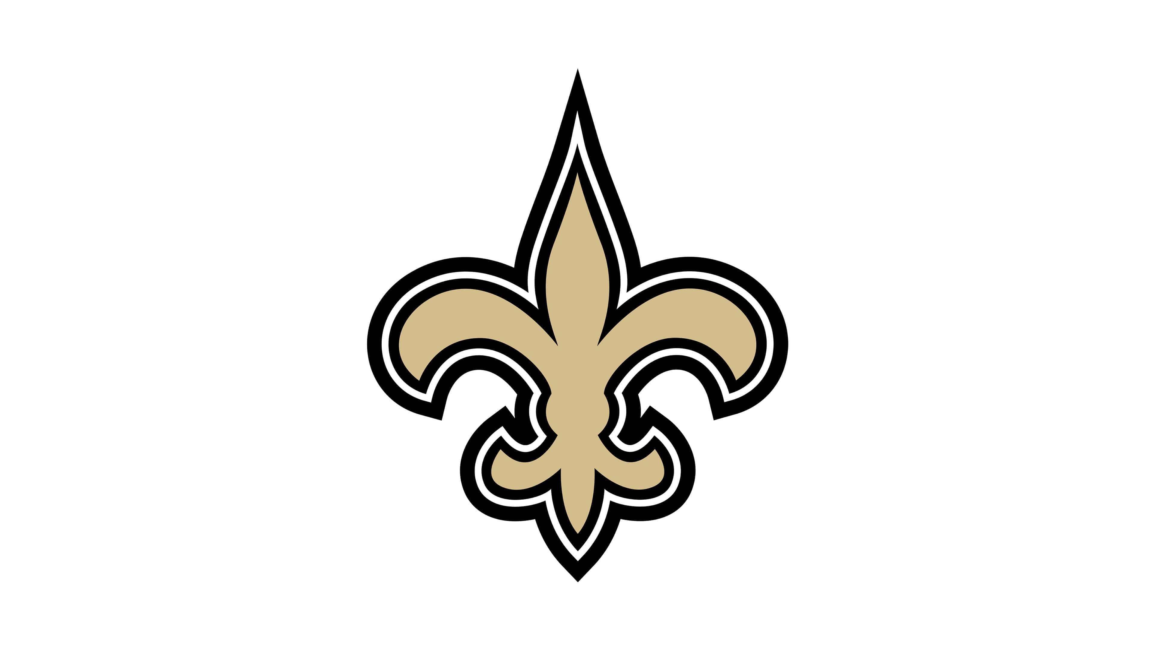 NFL Saints 桌布 壁紙 — 一個大膽的金色和黑色鳶尾花標誌，居中在純白色背景上。