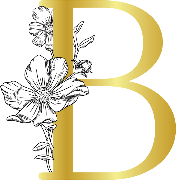 字母B 桌布 壁紙 — 一個大膽的金色字母B，帶有黑色花卉剪影，點綴在純黑背景上。