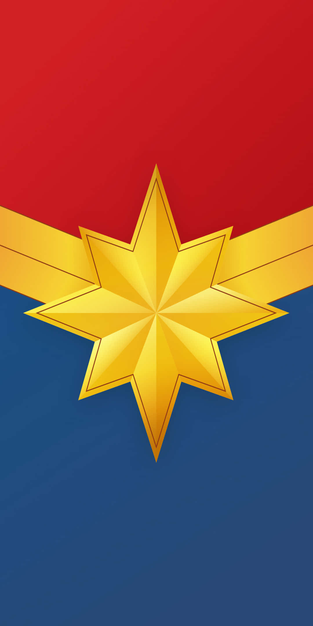 Captain Marvel 桌布 壁紙 — 一個大膽的金色星星徽章，帶有翅膀狀延伸部分，居中放置在紅藍分割的背景上。