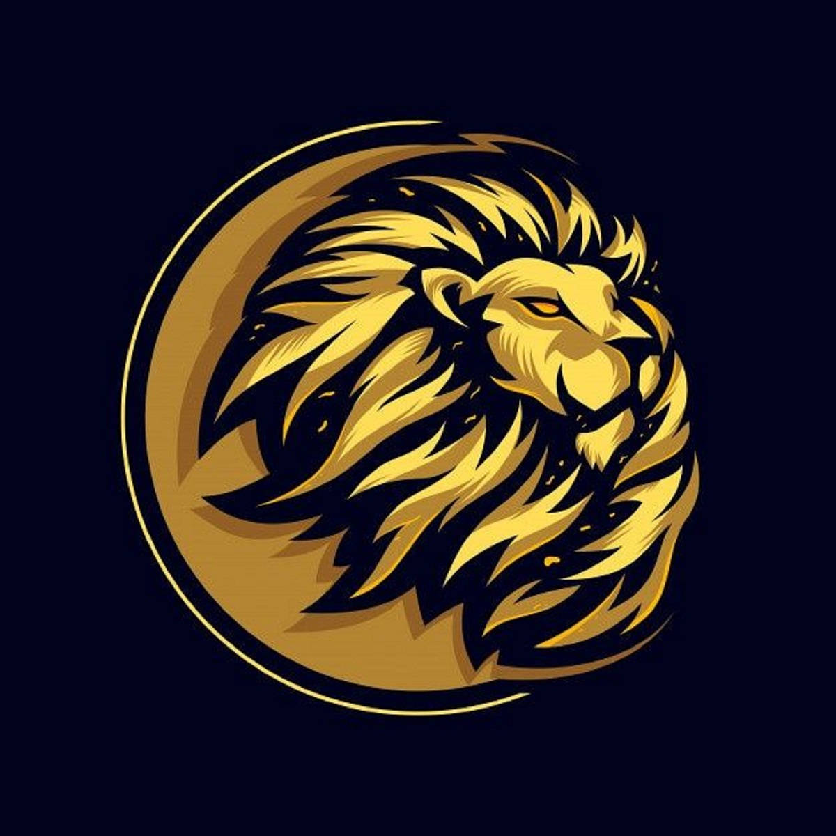 Lion Head 桌布 壁紙 — 一個大膽的金色獅子頭，帶有飄逸的鬃毛，被新月環繞，背景為深海軍藍色。