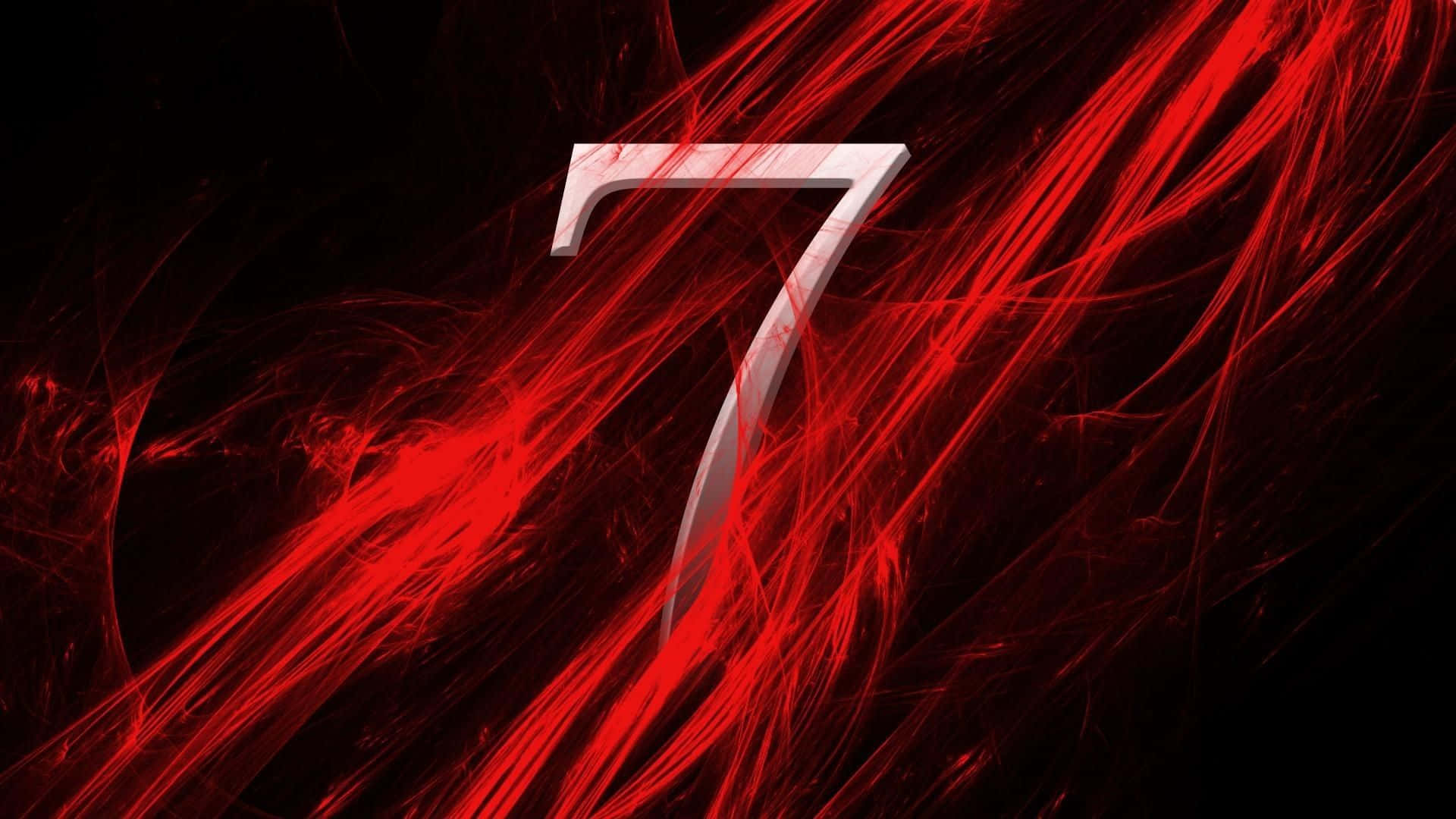 Number 7 桌布 壁紙 — 一個大膽的銀色數字七居中站立，背景是黑色上流動的紅色能量條紋，充滿動感。
