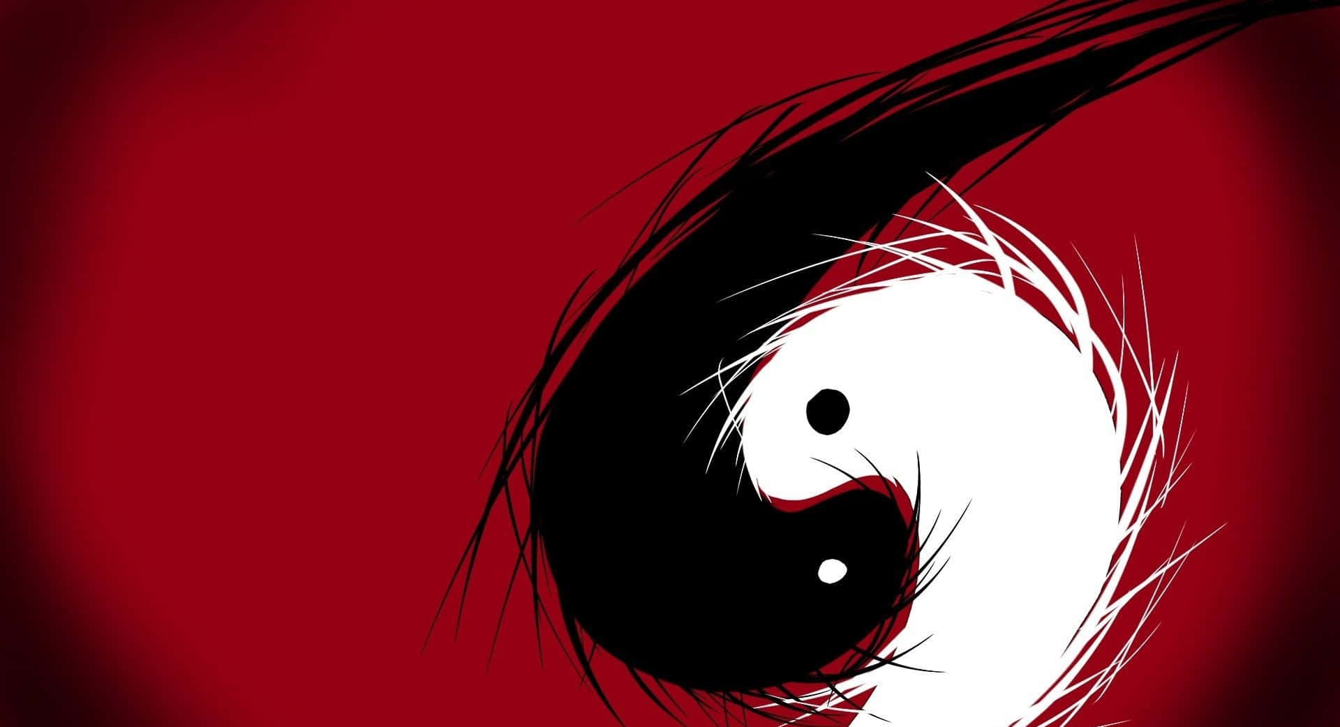 Yin Yang Fish 桌布 壁紙 — 一個大膽的陰陽符號，帶有動態筆觸邊緣，置於深紅色漸變背景上。