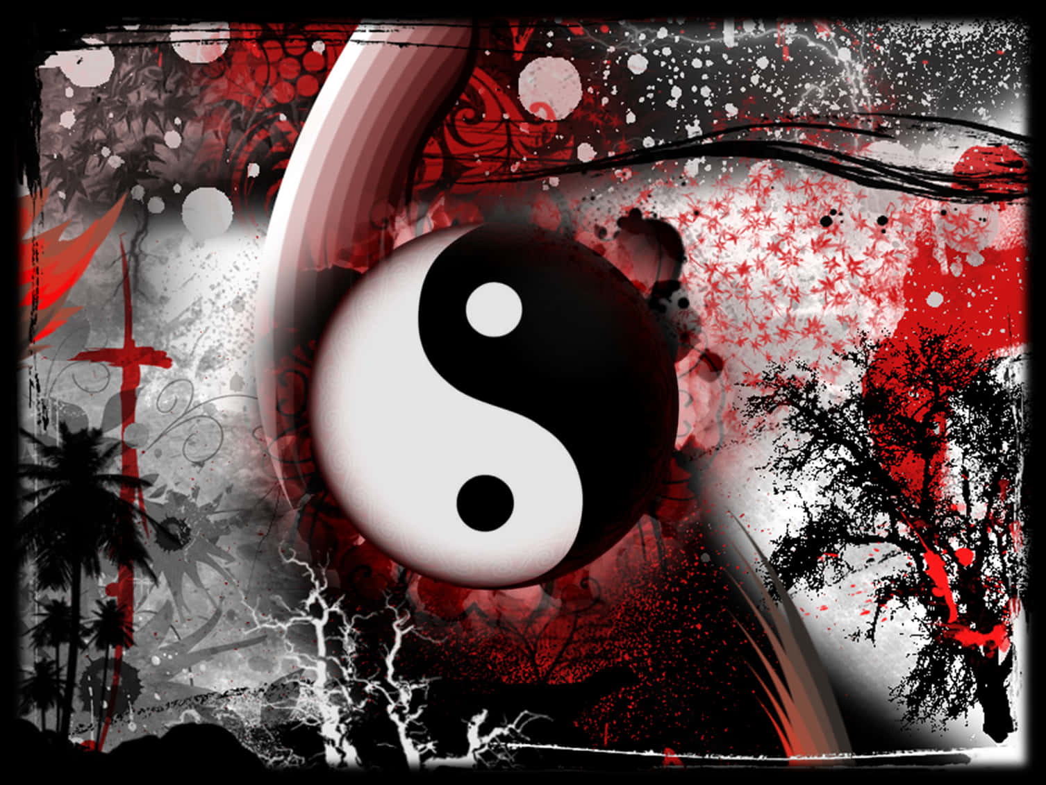 Red White And Black Abstract 桌布 壁紙 — 一個大膽的陰陽符號在紅色飛濺、黑色樹木和白色斑點的混亂背景下發光，營造出一種粗獷神秘的氛圍。