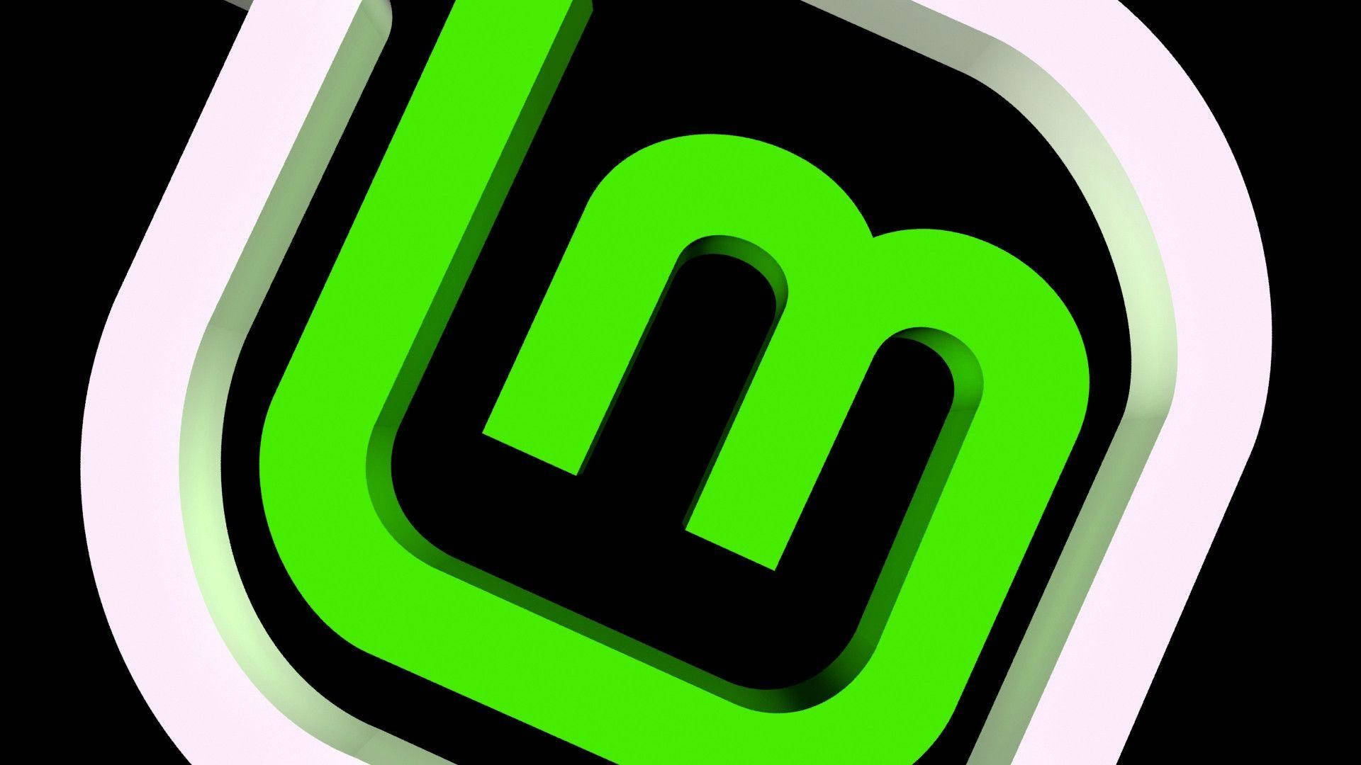 Linux 桌布 壁紙 — 一個大膽的霓虹綠色風格化 'm' 標誌，邊緣發光，置於純黑背景上。