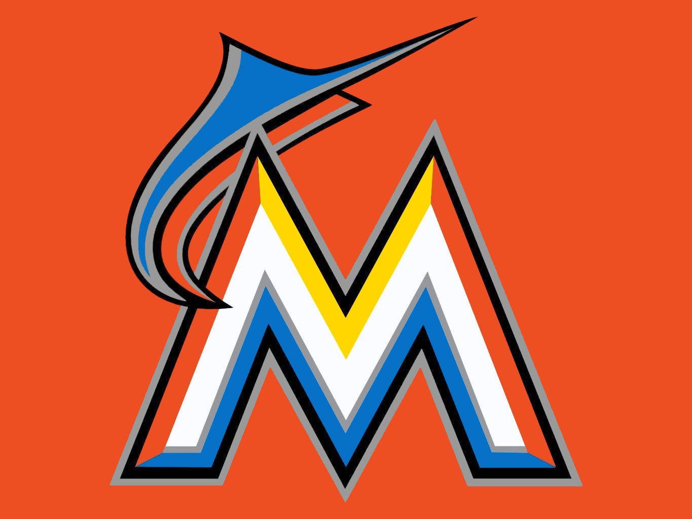 Marlins 桌布 壁紙 — 一個大膽的風格化M標誌，一條馬林魚在其曲線中躍起，背景為鮮豔的橙色。