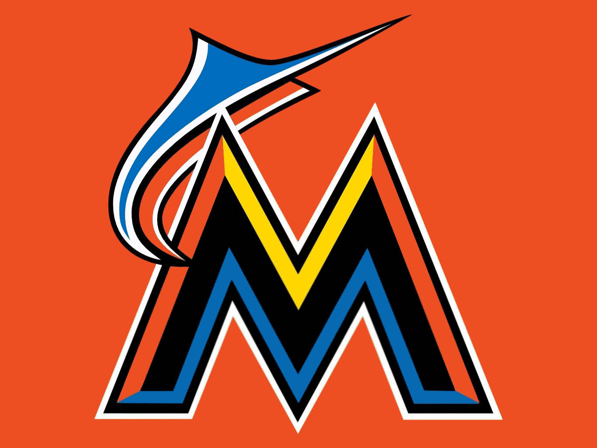 Marlins 桌布 壁紙 — 一個大膽的風格化M標誌，上面有一條馬林魚躍起，背景為純橙色。