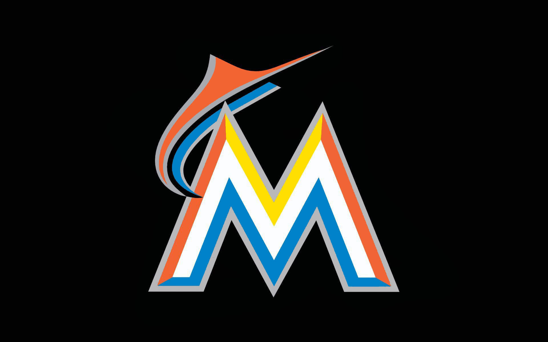 Marlins 桌布 壁紙 — 一個大膽的風格化M標誌，帶有橙色、藍色和黃色條紋，背景為黑色。