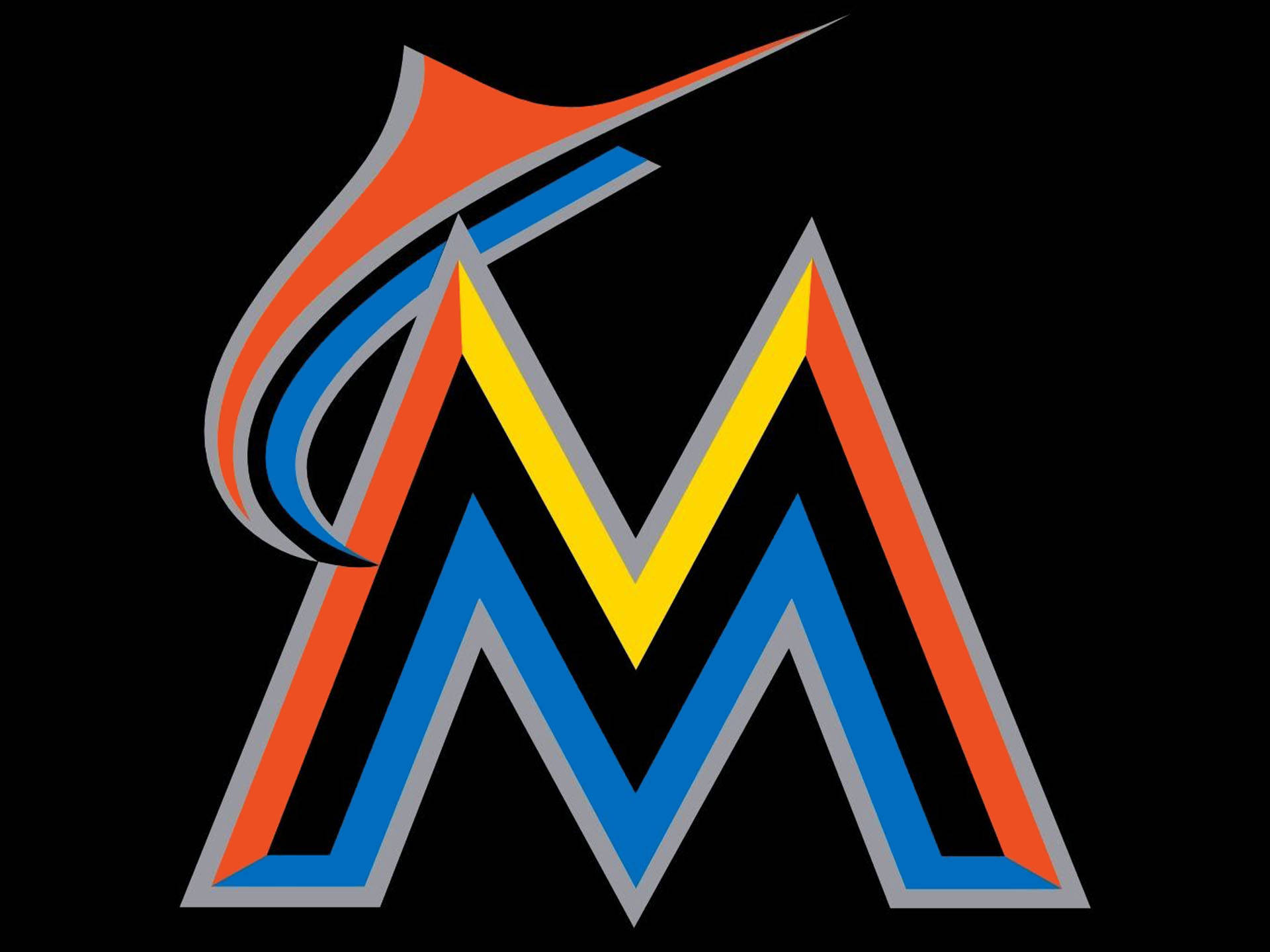 Marlins 桌布 壁紙 — 一個大膽的風格化M標誌，帶有橙色、藍色和黃色條紋，背景為黑色。