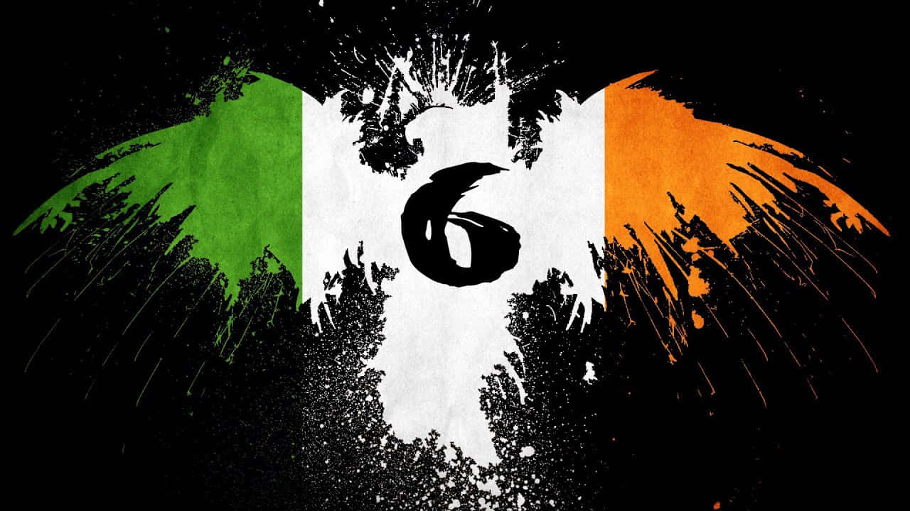 Celtic Irish 桌布 壁紙 — 一個大膽的風格化數字六從黑色背景上的濺灑愛爾蘭國旗中浮現。