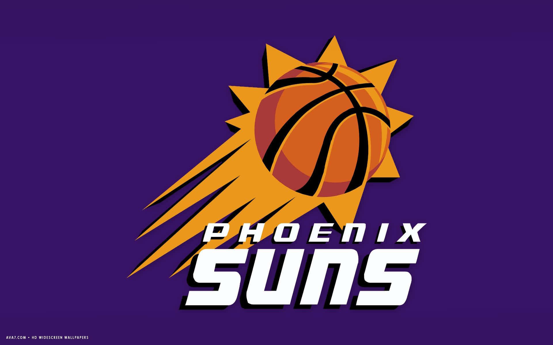 NBA Teams 桌布 壁紙 — 一個大膽的鳳凰城太陽隊標誌，以一個籃球在深紫色背景上散發出太陽光線為特色。