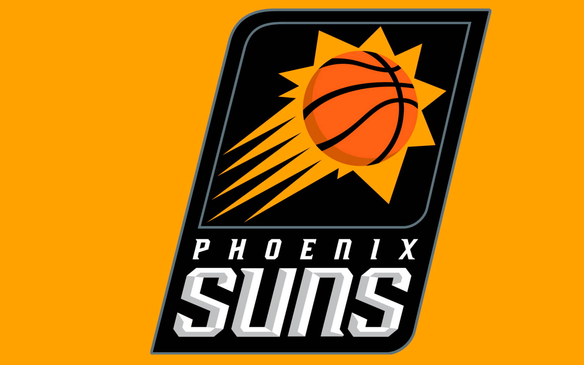 Suns 桌布 壁紙 — 一個大膽的鳳凰城太陽隊標誌，以一個橙色籃球在充滿活力的橙色背景上散發出黃色太陽光線。
